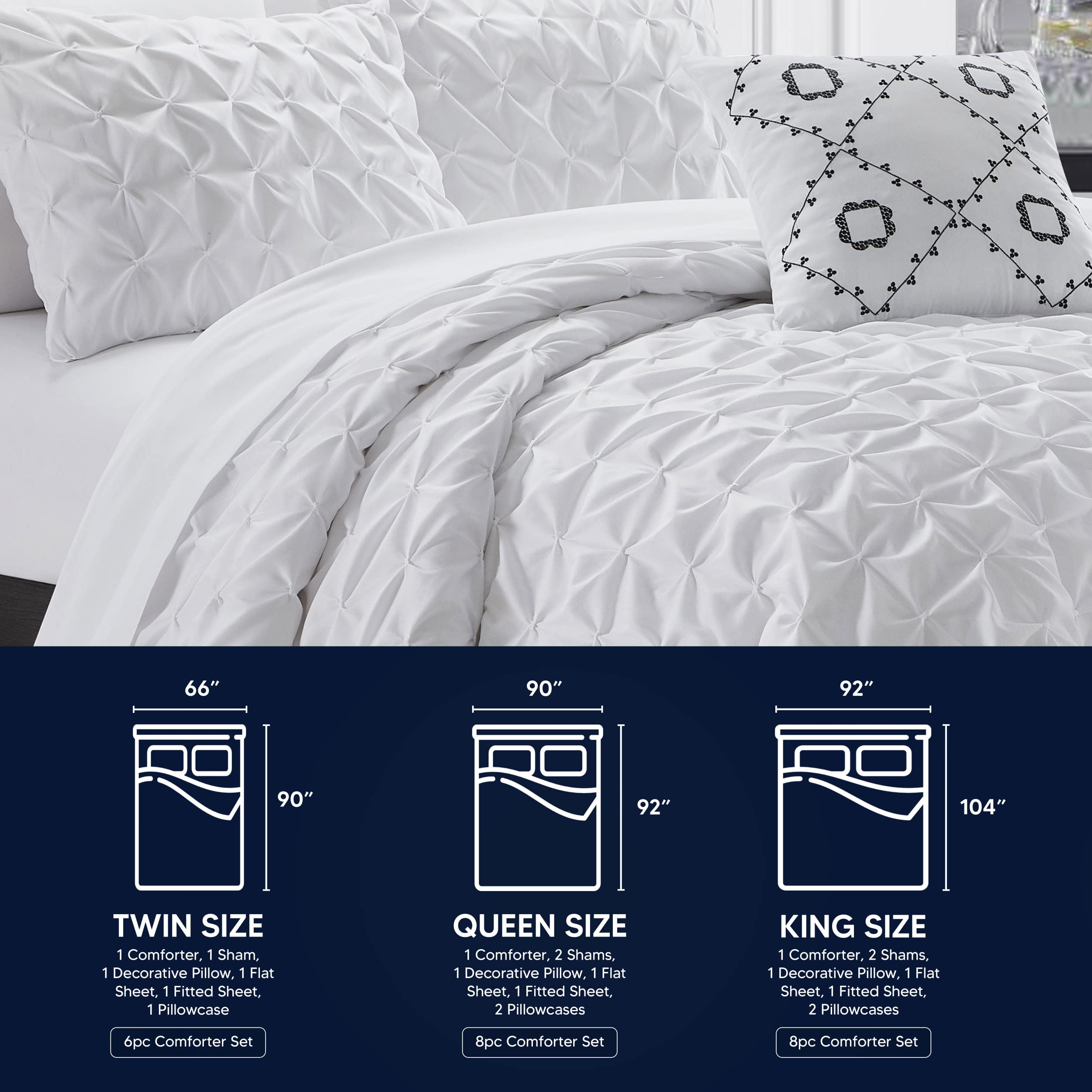 Chic Home Mercer 8-Piece Queen Comforter Set with Pinch Pleat Box Design - Includes Sheet Set & Decorative Pillow Shams, White | Perfect for Master Bedroom, Guest Room & Luxury Hotel Decor
