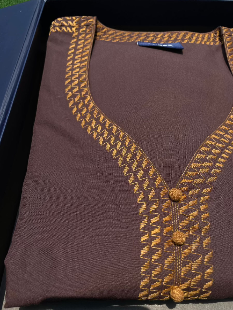 Men's Cinnamon Orange Embroidery Moroccan Thobe 3/4 Sleeve - Perfect for Eid, Ramadan & Special Occasions