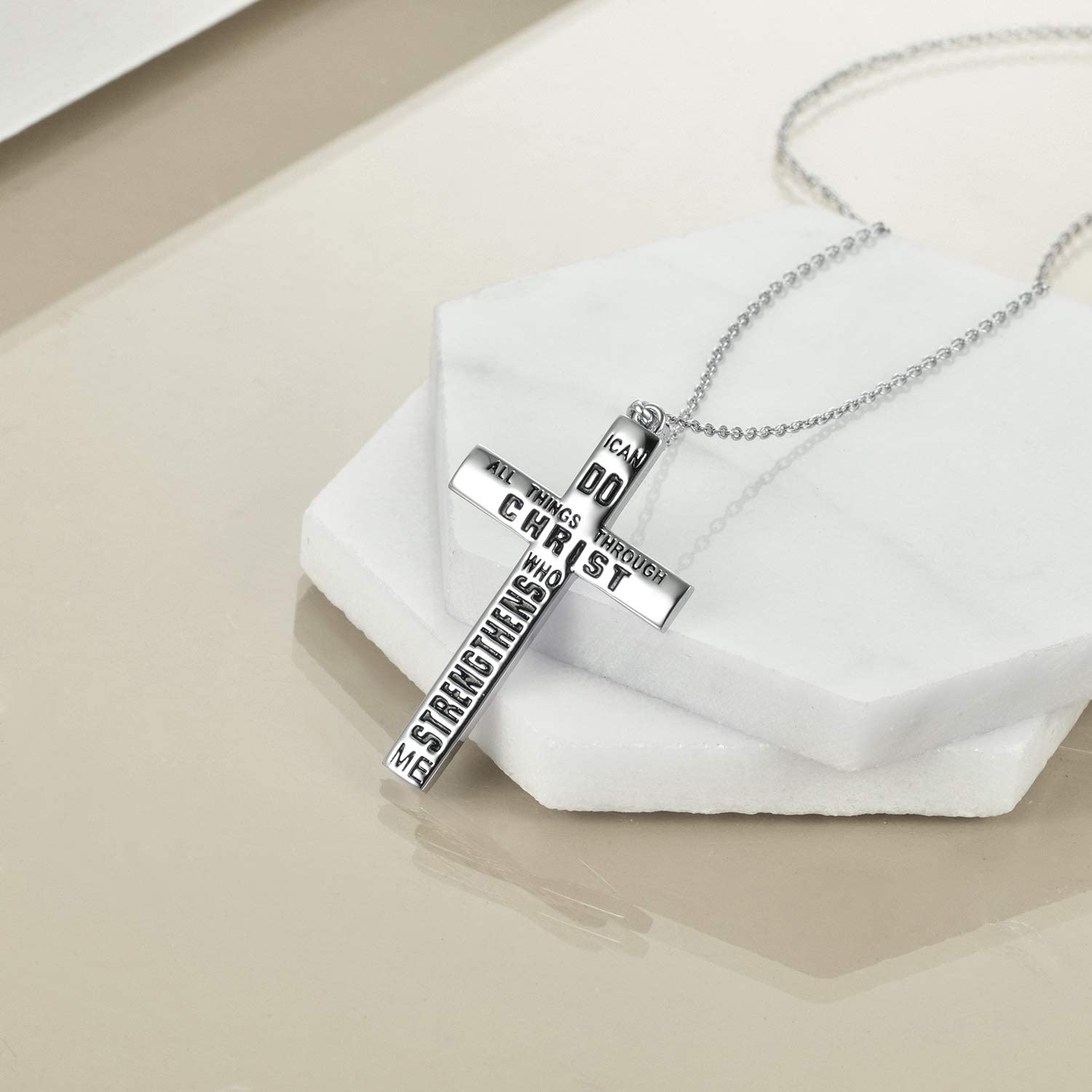 YAFEINI 925 Sterling Silver Cross Pendant Necklace - Inspirational Bible Verse Christian Jewelry for Men, Perfect Gift for Baptism, Confirmation & Religious Occasions