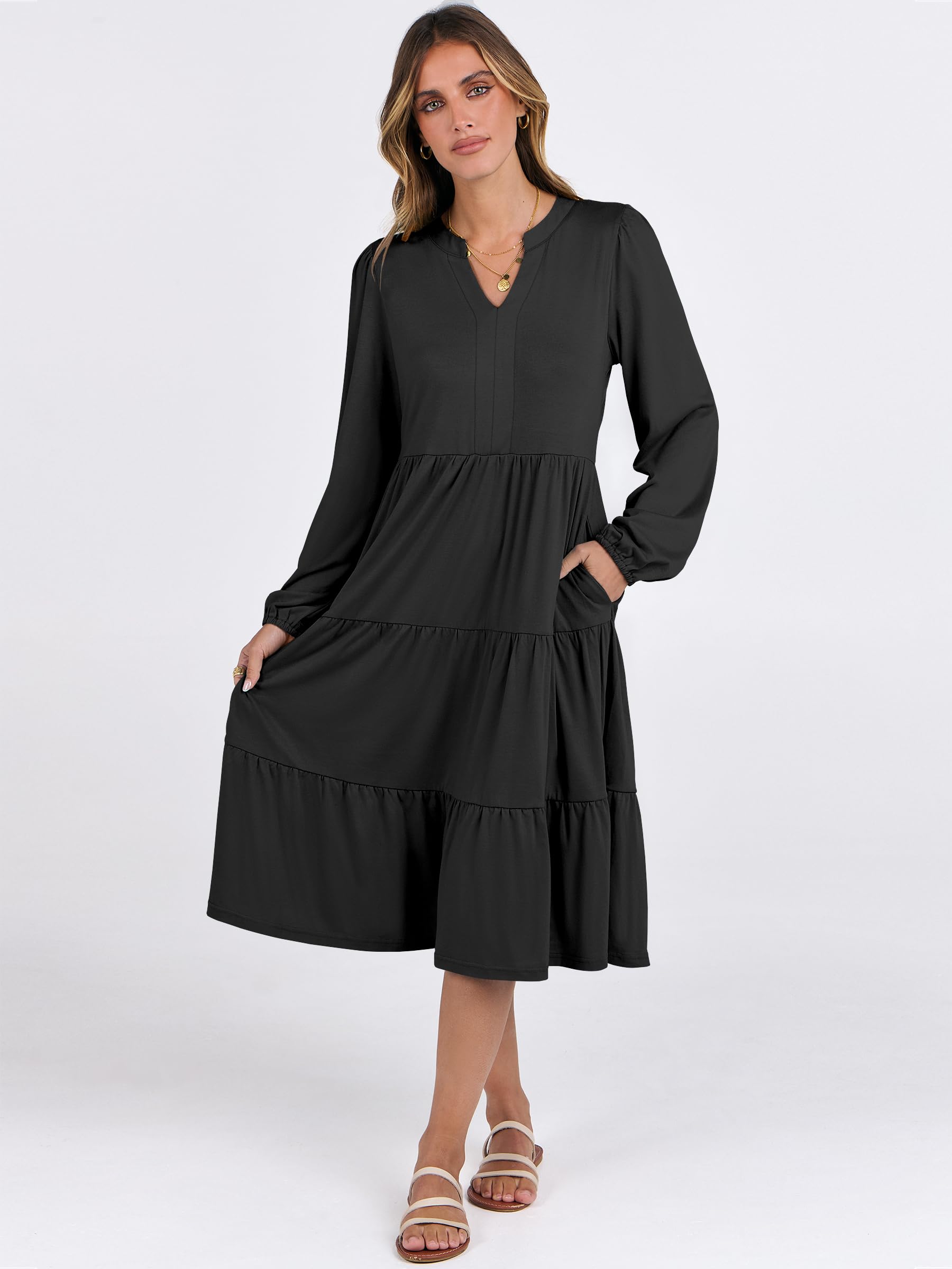 ANRABESS Women's Long Sleeve V-Neck Flowy Swing Dress - Loose Fit Tiered Maxi Dress for Spring 2025 | Casual Vacation Wear, Beach Cover Up, Boho Chic Outfit