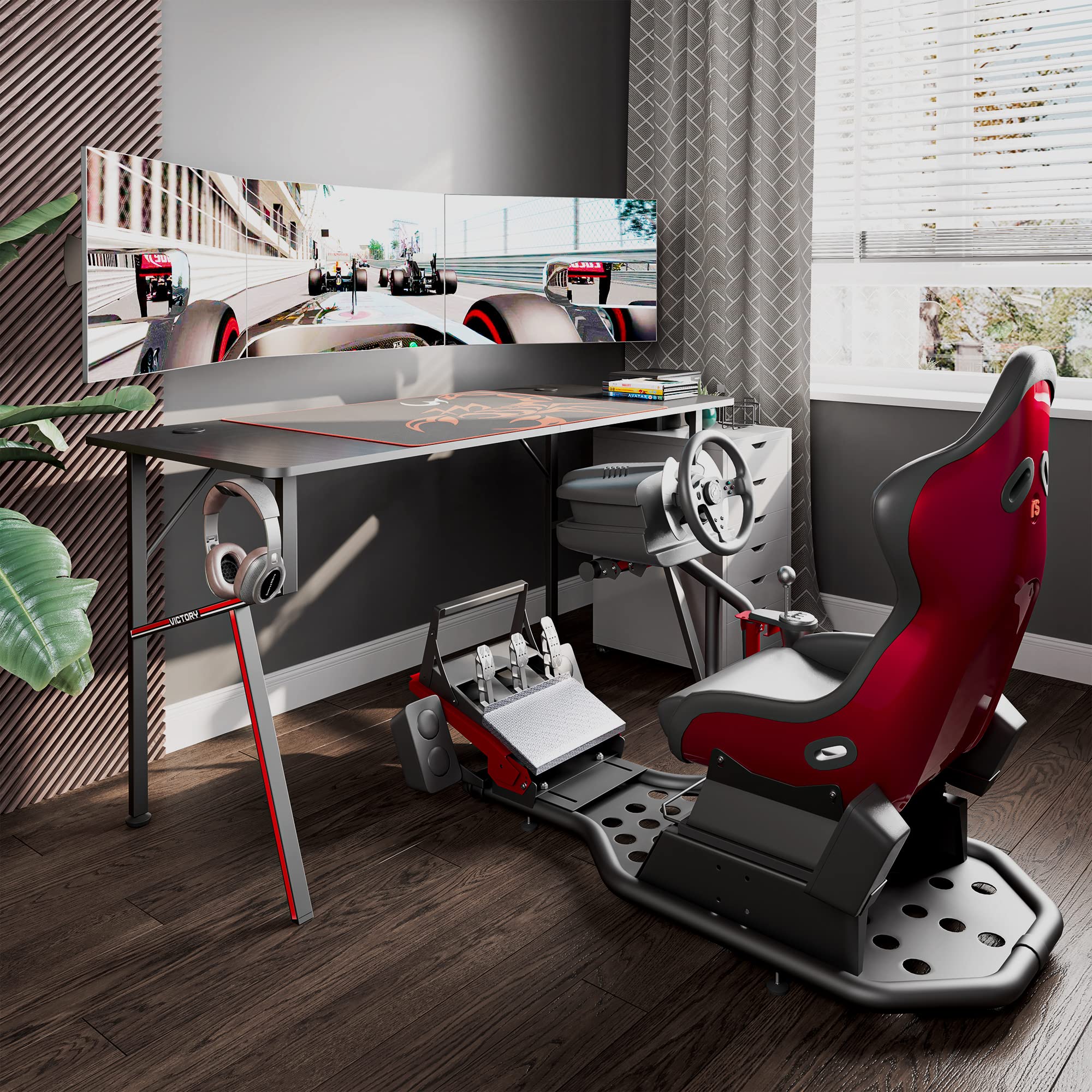 EUREKA ERGONOMIC 55 Inch K-Shaped Gaming Desk with Mouse Pad, Headphone Hook & Cup Holder - Large Computer Desk for Home Office & PC Gamers - Perfect for Gaming Setups, Workstations & Multi-Monitor Setups (Black)