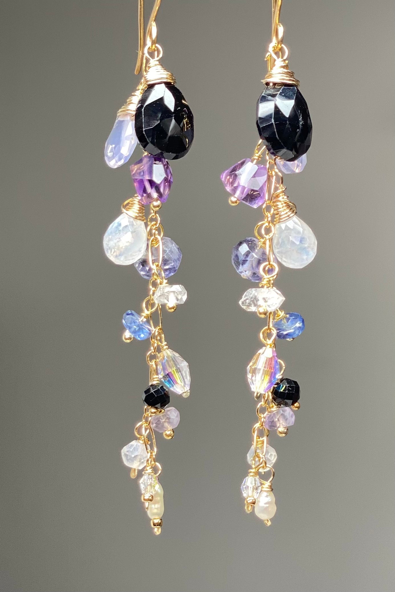 Amethyst Scorolite Black Spinel Long Dangle Earrings - Elegant Bohemian Statement Jewelry for Women | Perfect for Parties, Weddings & Special Occasions