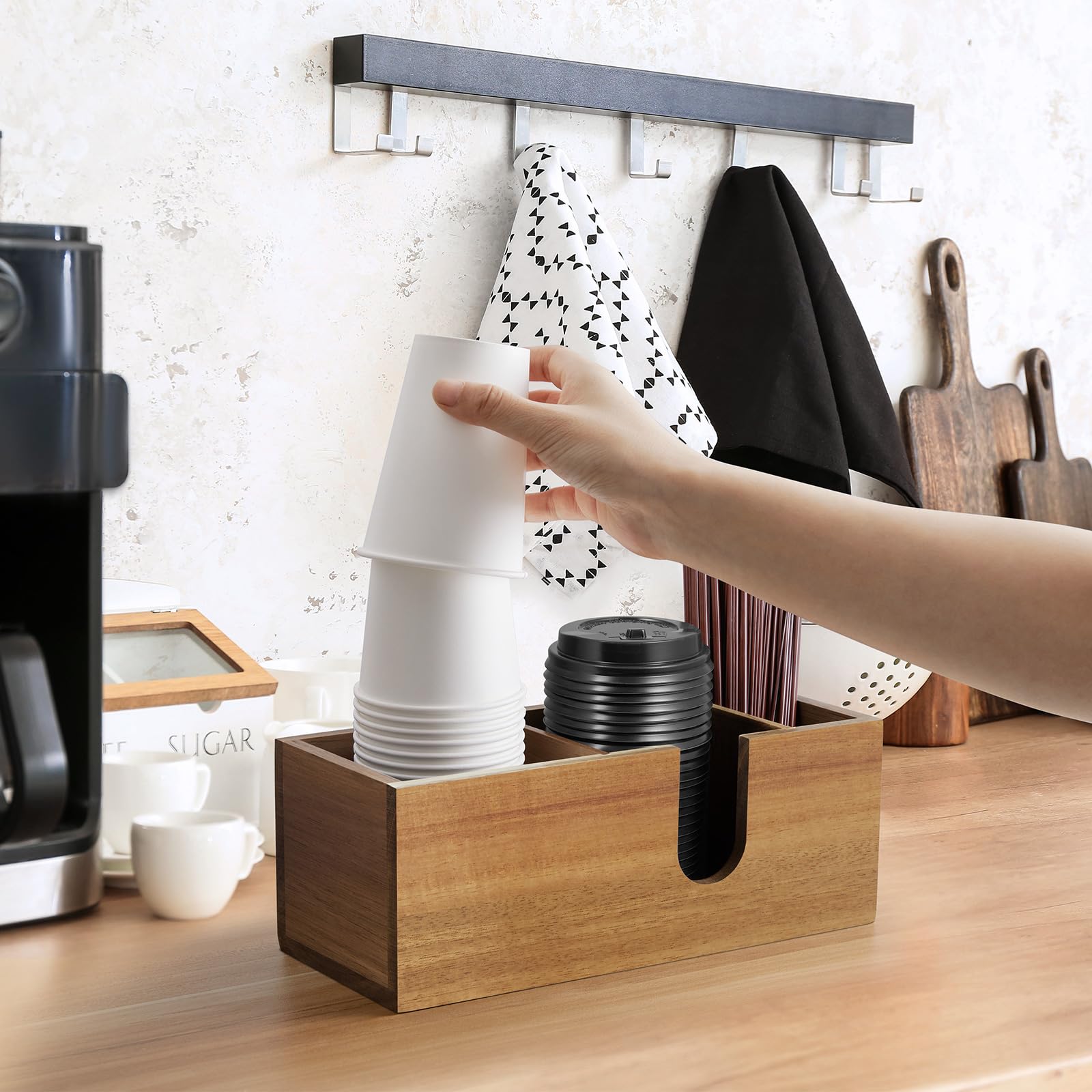 ALELION Acacia Wood Cup Holder for Countertop - Coffee Bar Organizer with Storage for Lids, Stirrers & Pods - Perfect for Kitchen Counter, Coffee Station & Office Desk Organization