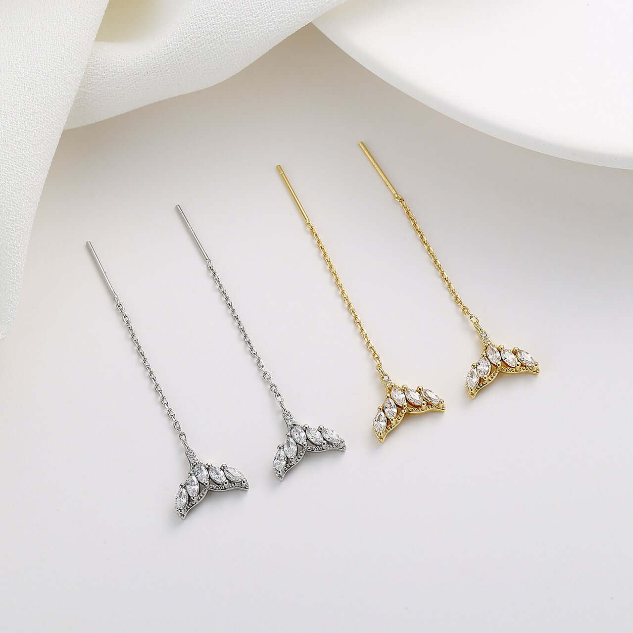 Tiny Mermaid Tail Diamond Threader Earrings - Delicate Silver Dainty Earrings for Women | Perfect for Beach Parties, Mermaid Themed Events & Everyday Wear | A8449