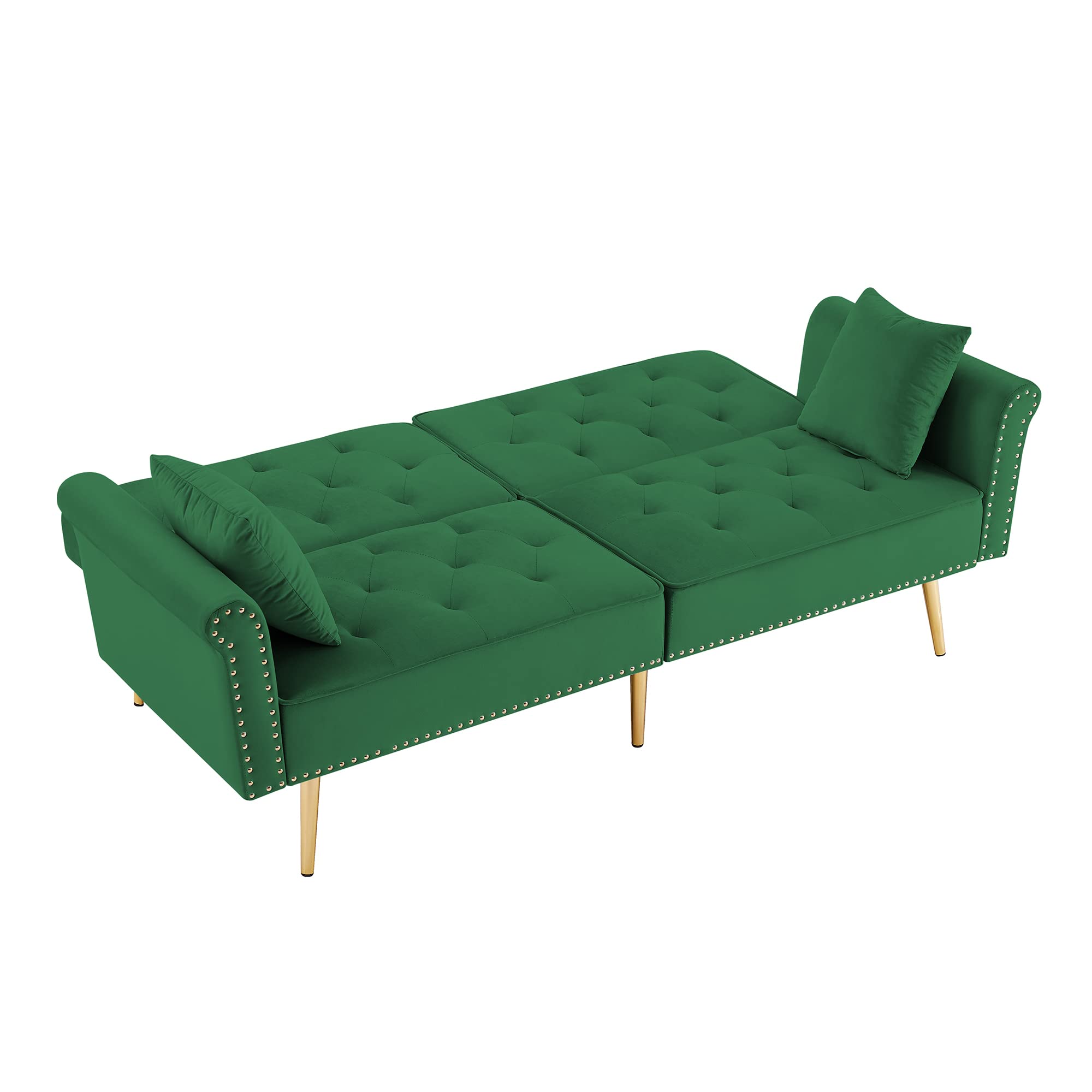 Velvet Tufted Convertible Futon Sofa Bed with 2 Pillows - Nailhead Trim & Metal Legs - Small Space Sofa Bed for Bedroom, Living Room, Apartment - Green with Gold Accent - Perfect for Guest Rooms, Studio Apartments and Cozy Reading Nooks