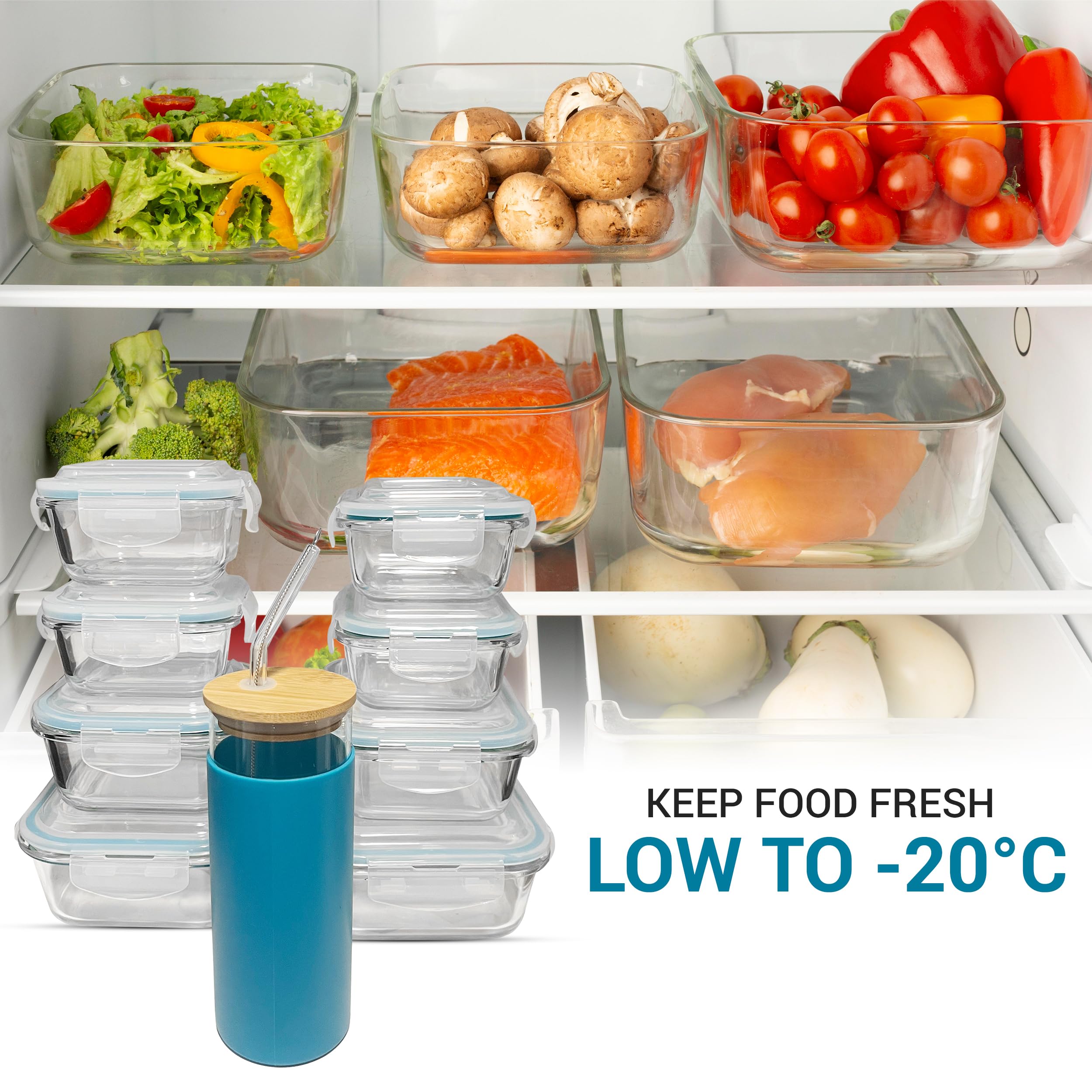 16-Piece Airtight Food Storage Containers Set with 1 Borosilicate Glass Tumbler - Leakproof, Microwave, Freezer & Dishwasher Safe - Includes Wooden Lid, Glass Straw & Cleaning Brush - Perfect for Meal Prep, Leftovers & Office Lunches