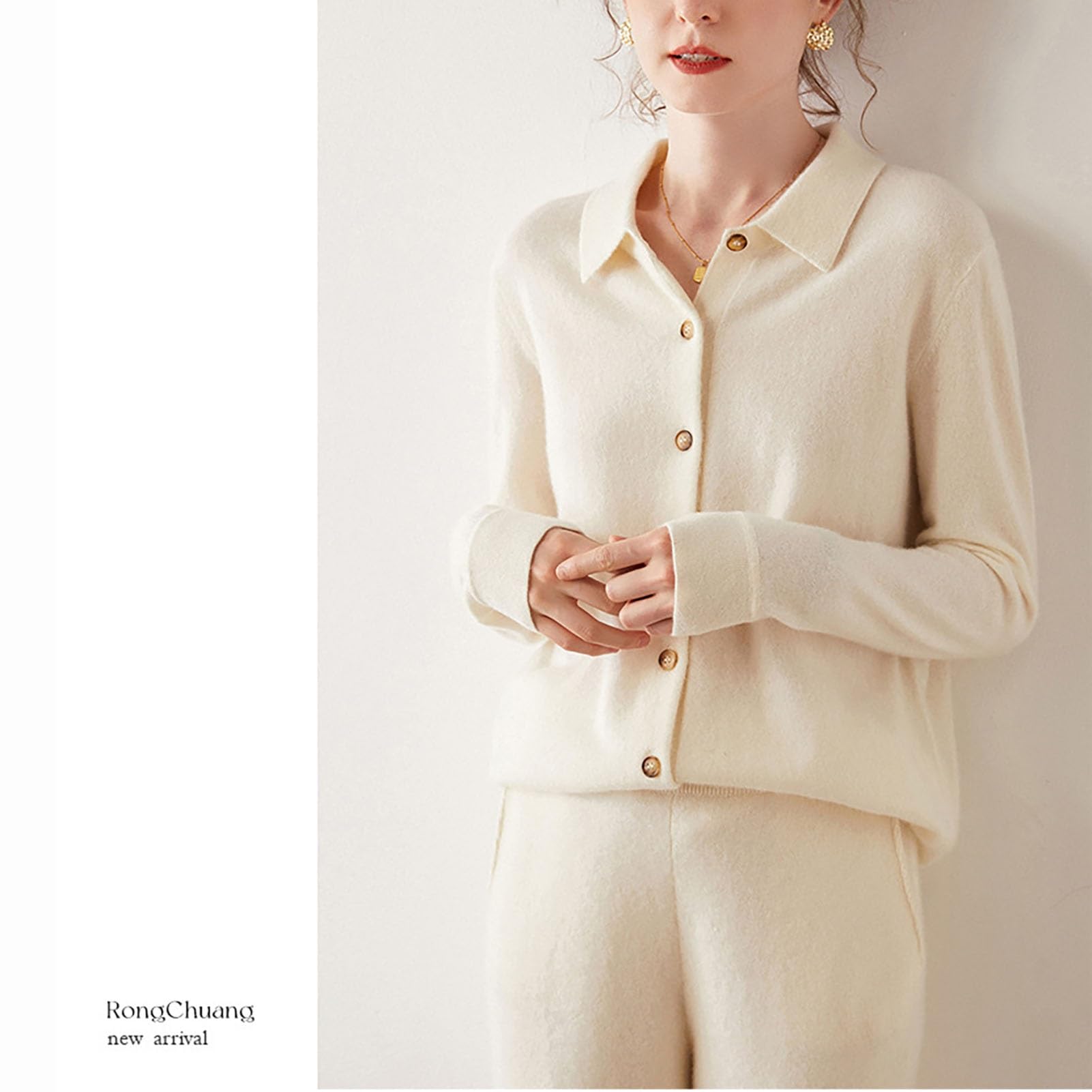 100% Pure Cashmere Women's Long Sleeve Button Front Cardigan Sweater - Polo Neck, White, Large | Soft & Warm Winter Knitwear for Office, Travel & Casual Outfits