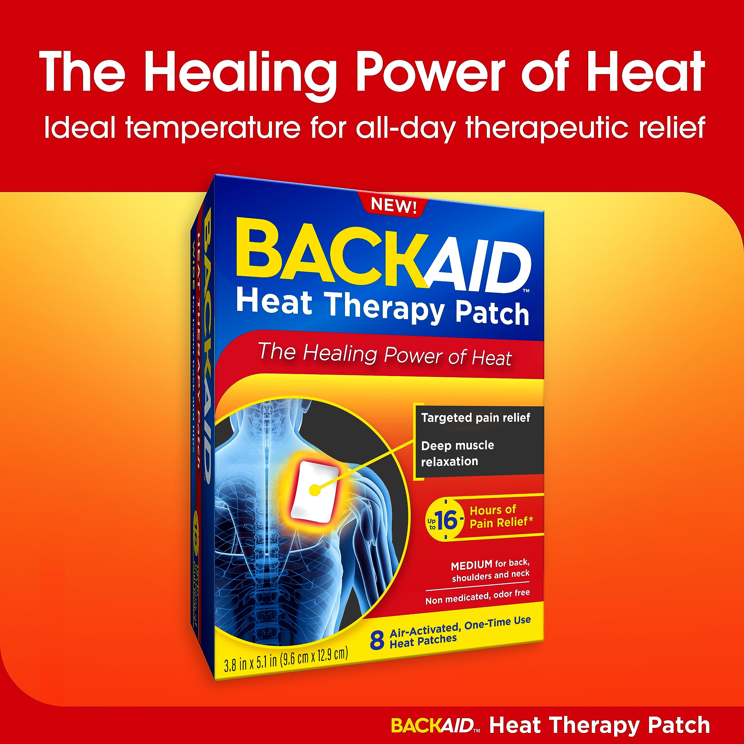 Backaid Heat Therapy Patch - Air-Activated Therapeutic Heating Pads for Back, Shoulder & Neck Pain Relief - Medium Size (8 Count) - Perfect for Work, Travel & Home Use