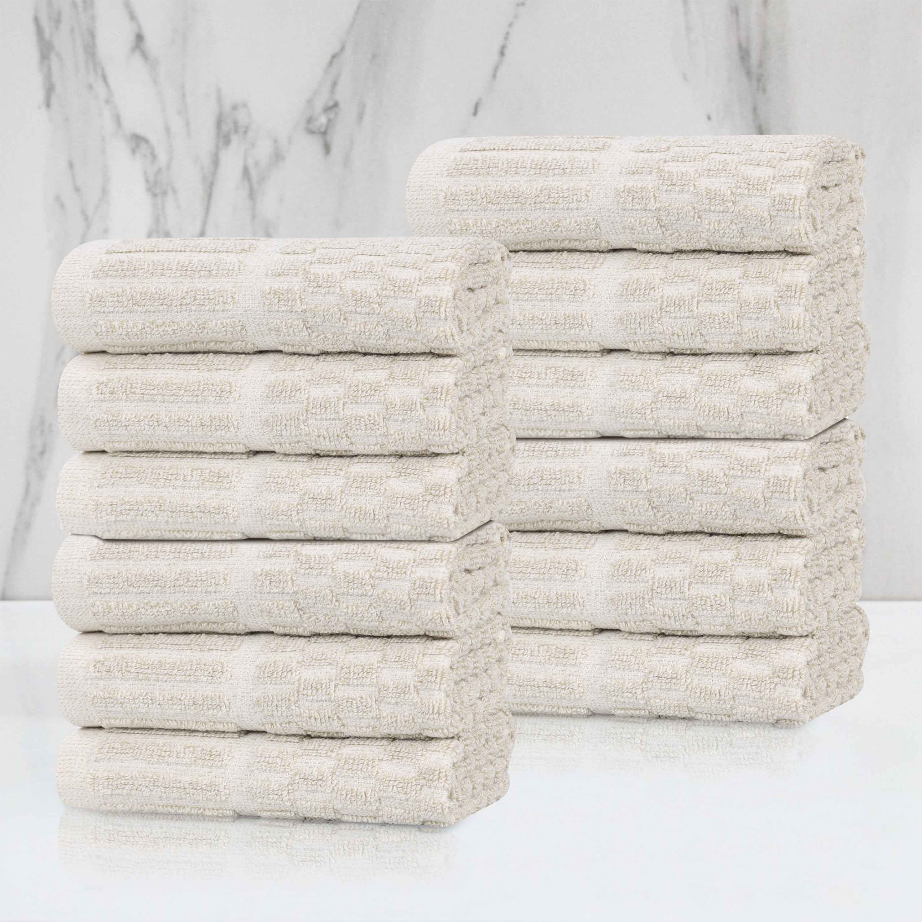 Premium Juno Cotton Blend Checkered Ribbed Border Face Towels & Washcloths - Soft & Absorbent, Set of 12 for Bathroom, Spa, Gym & Travel Use