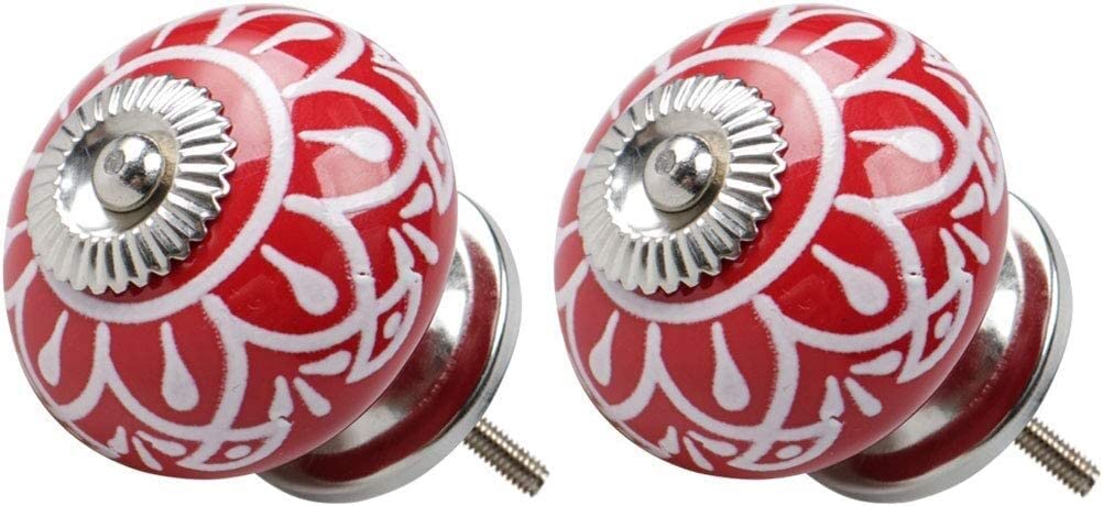 Vintage Ceramic Drawer Knobs 2pcs - Round Red Cupboard Handles for Furniture, Wardrobe, Dresser & Door Decoration | Perfect for Kitchen Cabinets, Antique Furniture Restoration & DIY Home Decor Projects