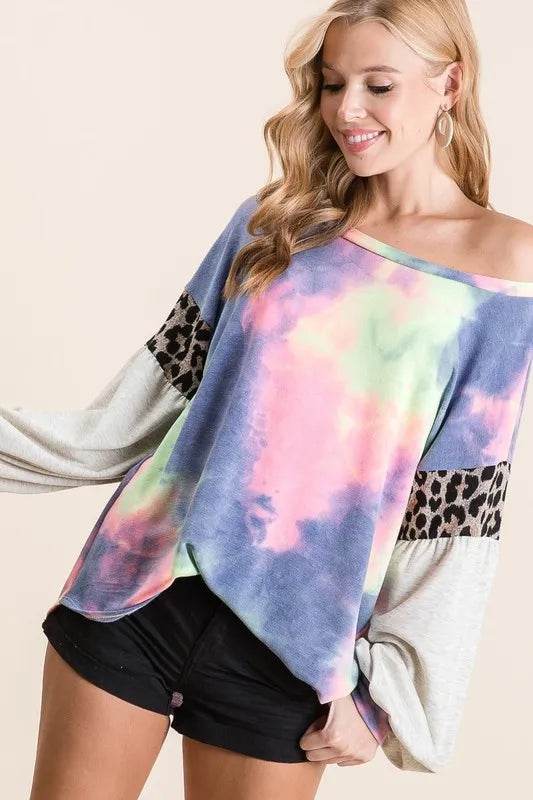 BiBi Tie Dye Terry Top with Contrast Puff Sleeves | Trendy Women's Fashion Tops | Perfect for Summer Outfits, Beach Wear & Casual Street Style