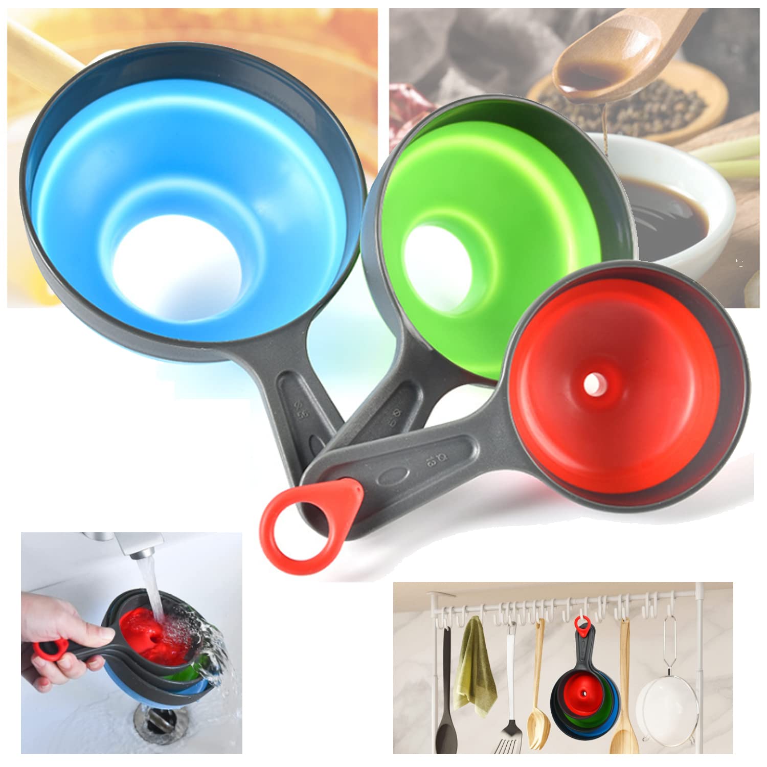 Food-Grade Silicone Foldable Kitchen Funnel 3-Piece Set - Large Wide Mouth Funnel for Mason Jars, Small Funnels for Bottles | Durable, Leak-Proof Canning Funnel for Jams, Spices, Liquids & Dry Ingredients | Perfect for Home Canning, Baking, Cooking & Meal Prep