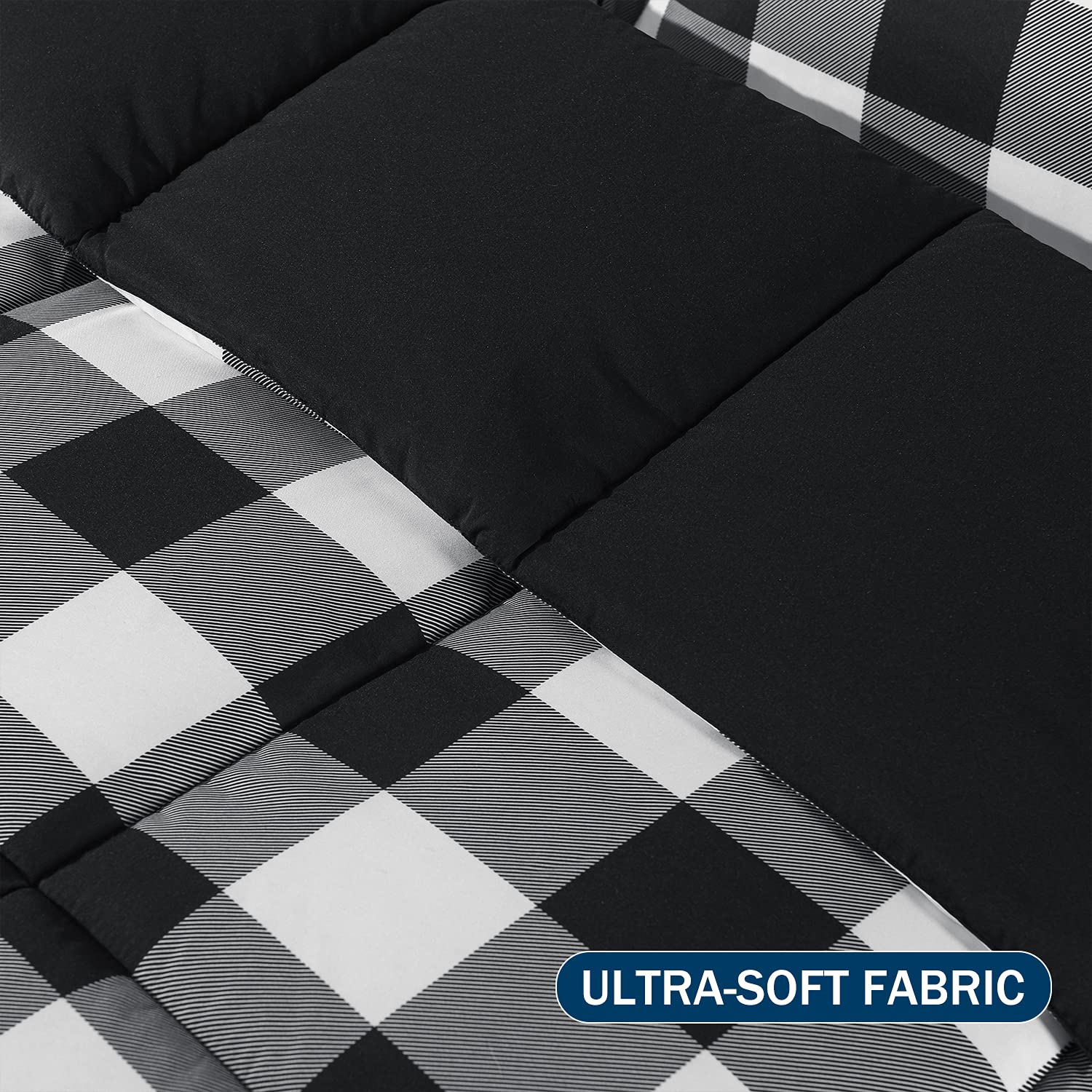 Downluxe Lightweight Plaid Comforter Set Queen Size - 3 Piece Reversible Down Alternative Bedding with 2 Pillow Shams - Black White Checkered Pattern - Perfect for Cozy Bedroom Decor & Guest Room Essentials