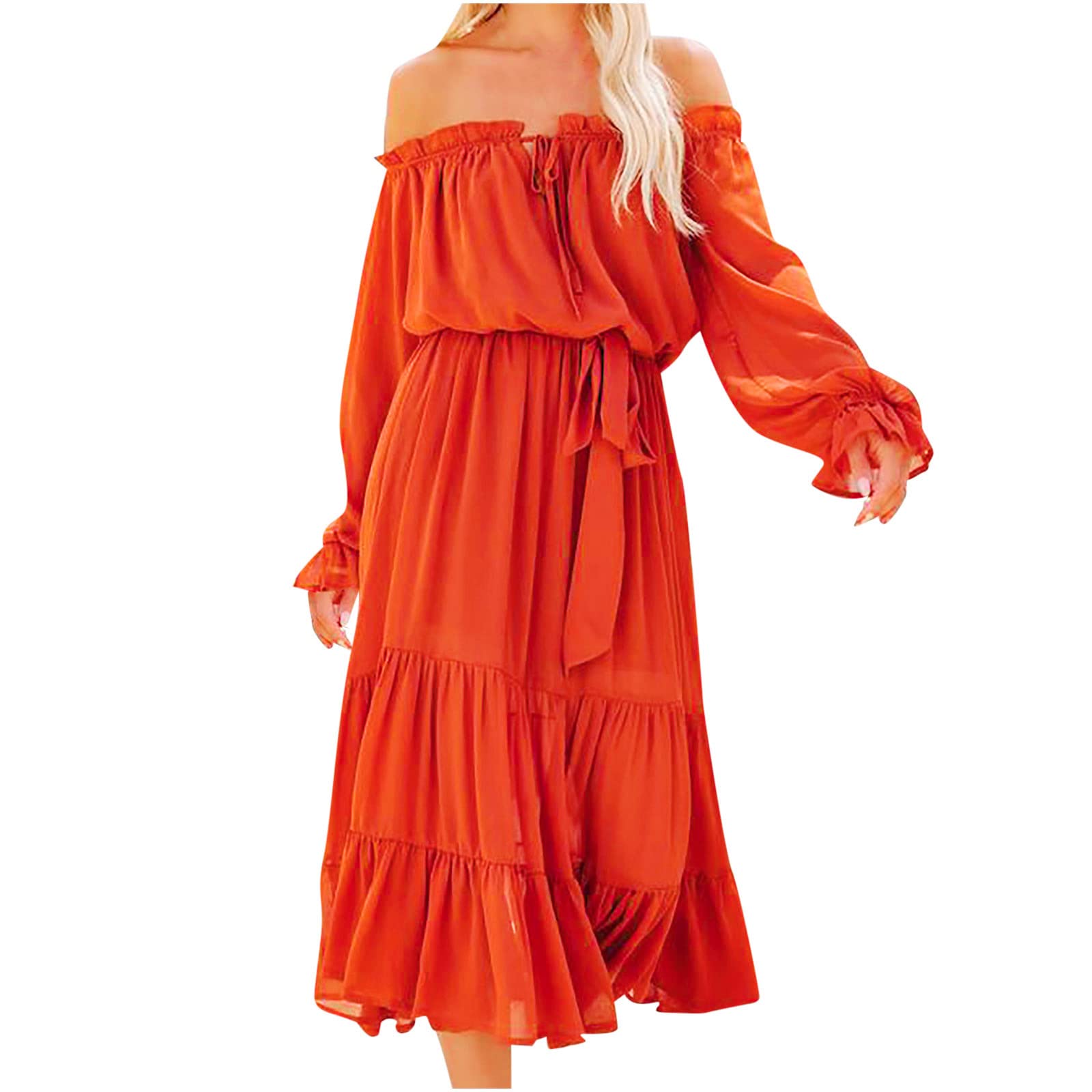 Jsarle Women's Sexy Summer Beach Dress - Plus Size Off Shoulder Ruffled Maxi Dress for Cocktail Party, Wedding Guest & Vacation | Flowy Boho Chic Dress for Date Night, Tropical Getaway & Evening Events
