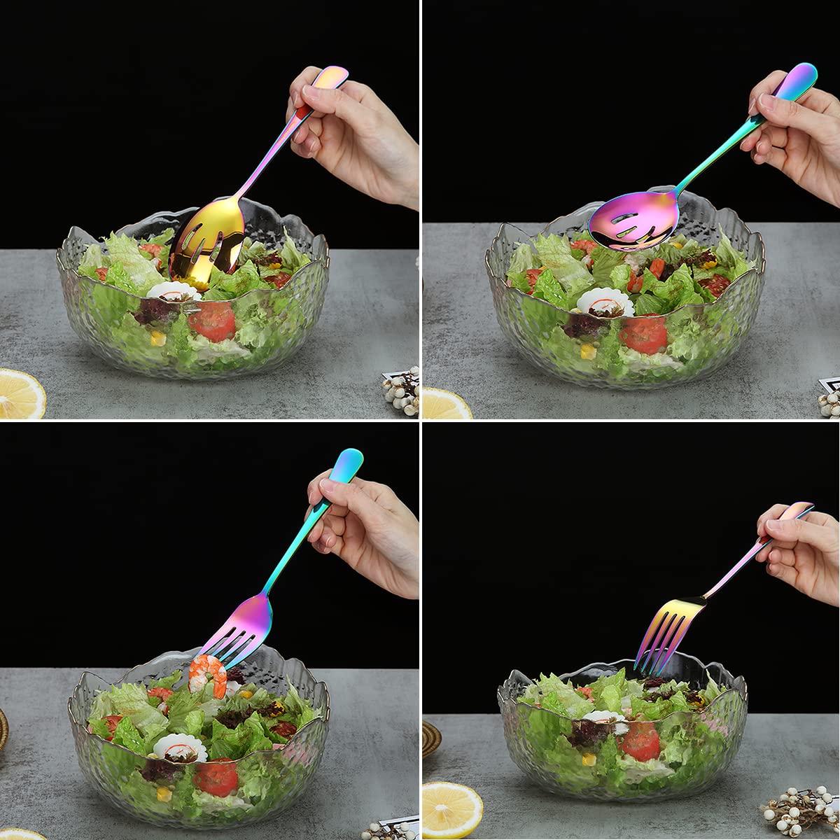 Rainbow Stainless Steel Serving Utensil Set - 12 Piece Kitchen Tools Including Serving Spoons, Slotted Spoons, Forks, Cake Server, Butter Knife & Tongs - Dishwasher Safe for Parties, BBQs & Family Dinners