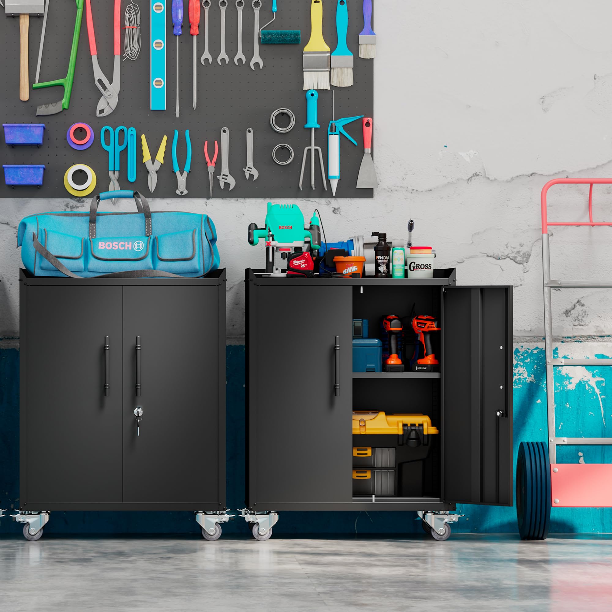 Heavy-Duty Locking Metal Storage Cabinet with Wheels - 2-Door Black Steel Cabinet with Adjustable Shelf for Office, Garage, Home, Classroom, Workshop & Pantry Organization - Secure Storage Solution for Tools, Files & Supplies
