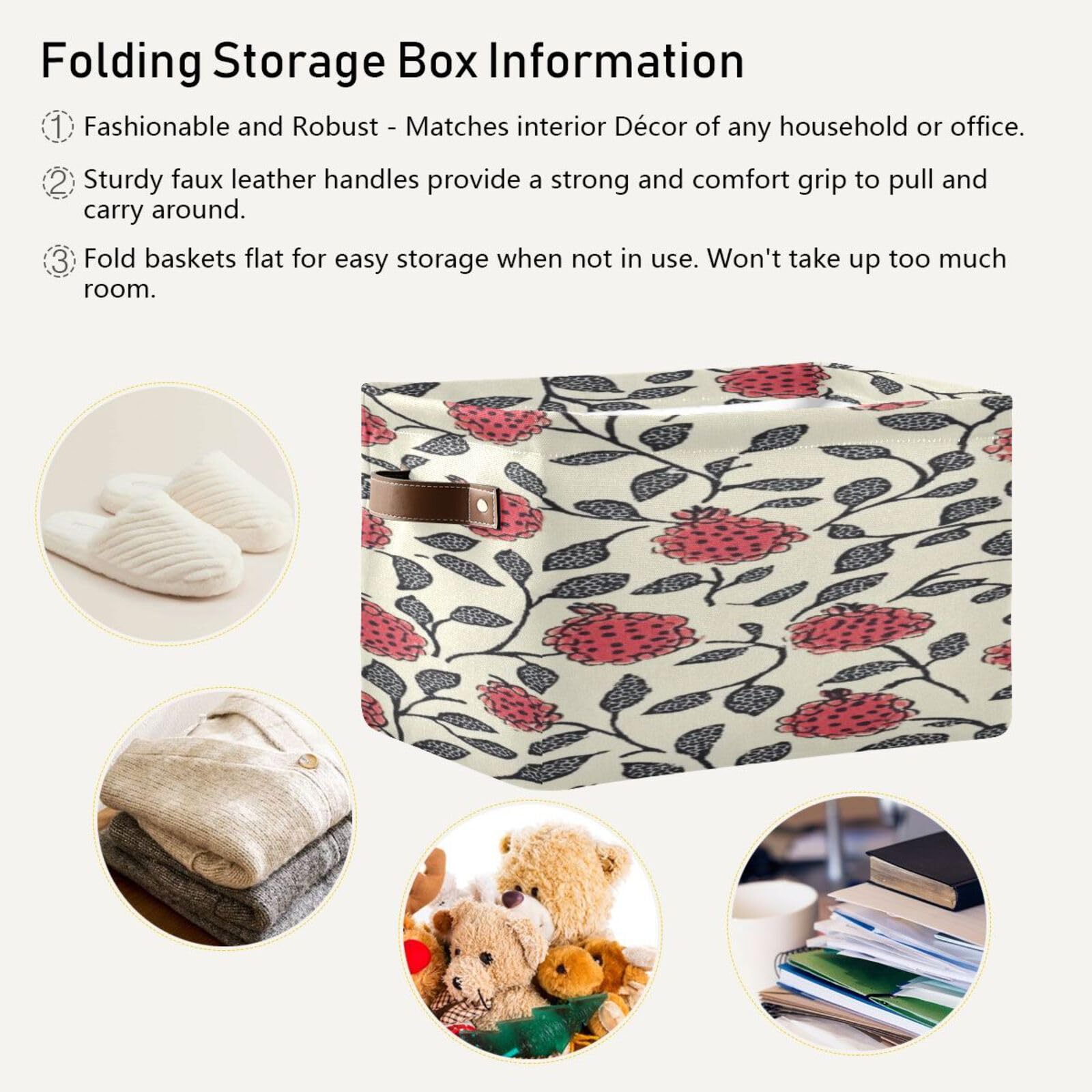 Large Storage Baskets with Handles - Foldable Home Organization Bins for Closet, Shelves & Pantry (2-Pack, Pomegranate Flower) | Perfect for Bedroom Storage, Toy Organization & Laundry Sorting