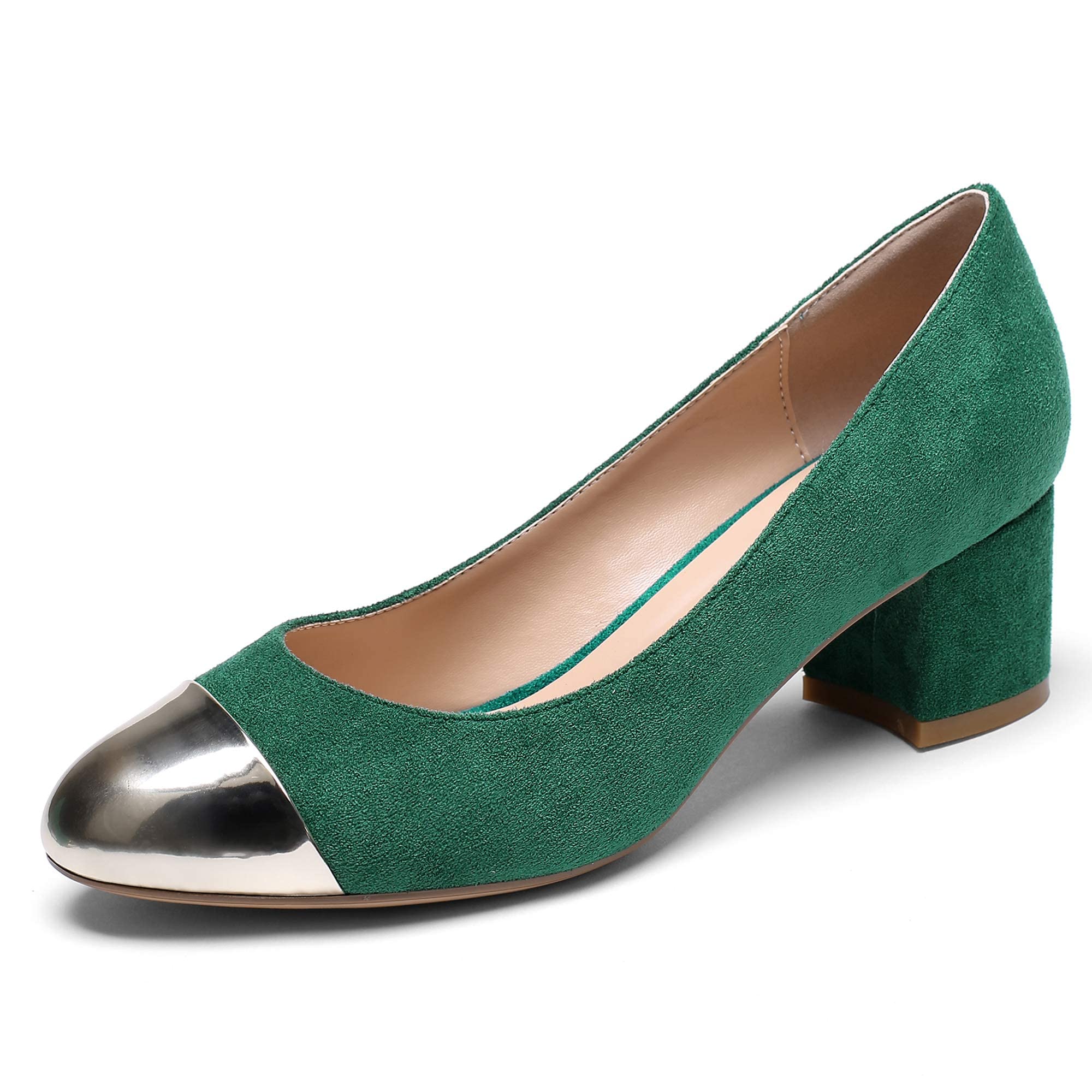 YODEKS Women's Low Block Heel Slip-On Pumps - Round Toe Chunky Heel Dress Shoes for Business, Wedding & Office Wear - Silver-Green Suede US 7.5 | Comfortable Work Shoes for Professional Women & Special Occasions