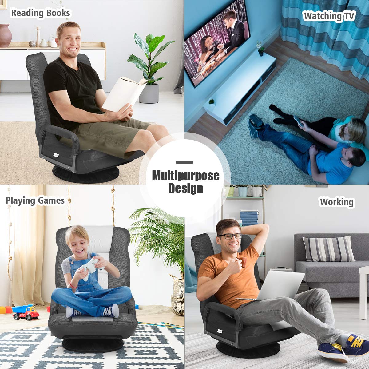 Giantex 360 Degree Swivel Floor Chair with Adjustable Backrest & Lumbar Support - Foldable Armrest Sofa Rocker for Living Room, Bedroom, TV Watching, Reading & Gaming - Black/Grey Home Comfort Seating Solution