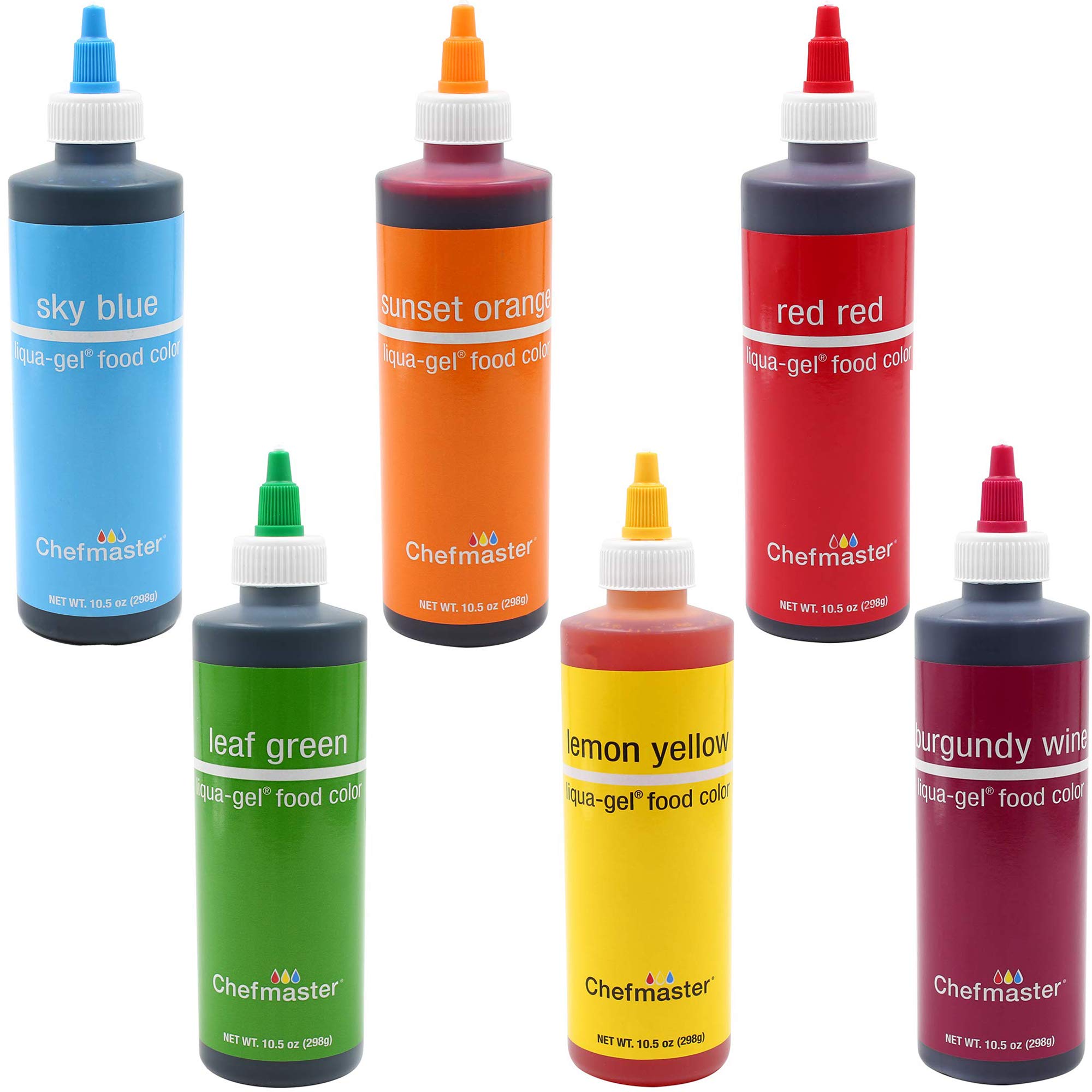 Chefmaster Liqua-Gel Food Coloring Variety Pack - 12 Bottles (10.5 oz Each, 6 Vibrant Colors, 2 of Each) for Baking, Cake Decorating, and DIY Crafts