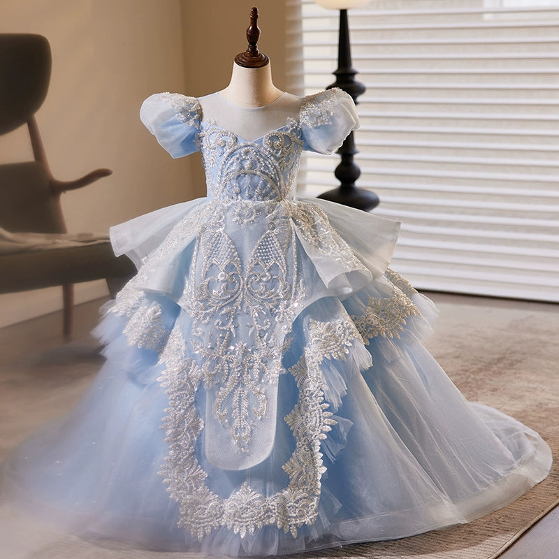 Royal Blue Organza Flower Girl Dress with Princess Round Neckline - Perfect for Weddings, Pageants & Special Occasions