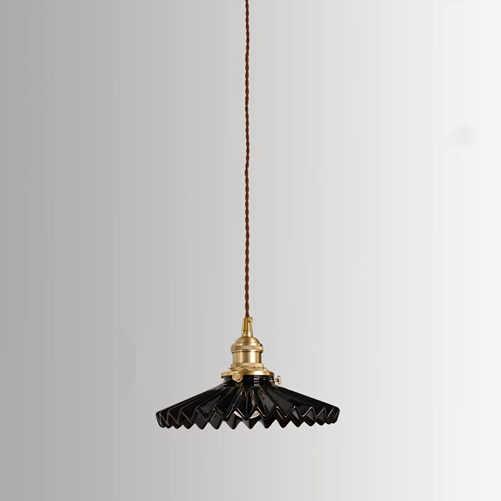 Japanese Pleated Small Suspended Chandelier - Ceramic Copper Shade Pendant Lamp with E27 Socket - Adjustable 1-Light Semi-Flush Mount Ceiling Light for Bedroom, Kitchen, Dining Room & Living Room Lighting