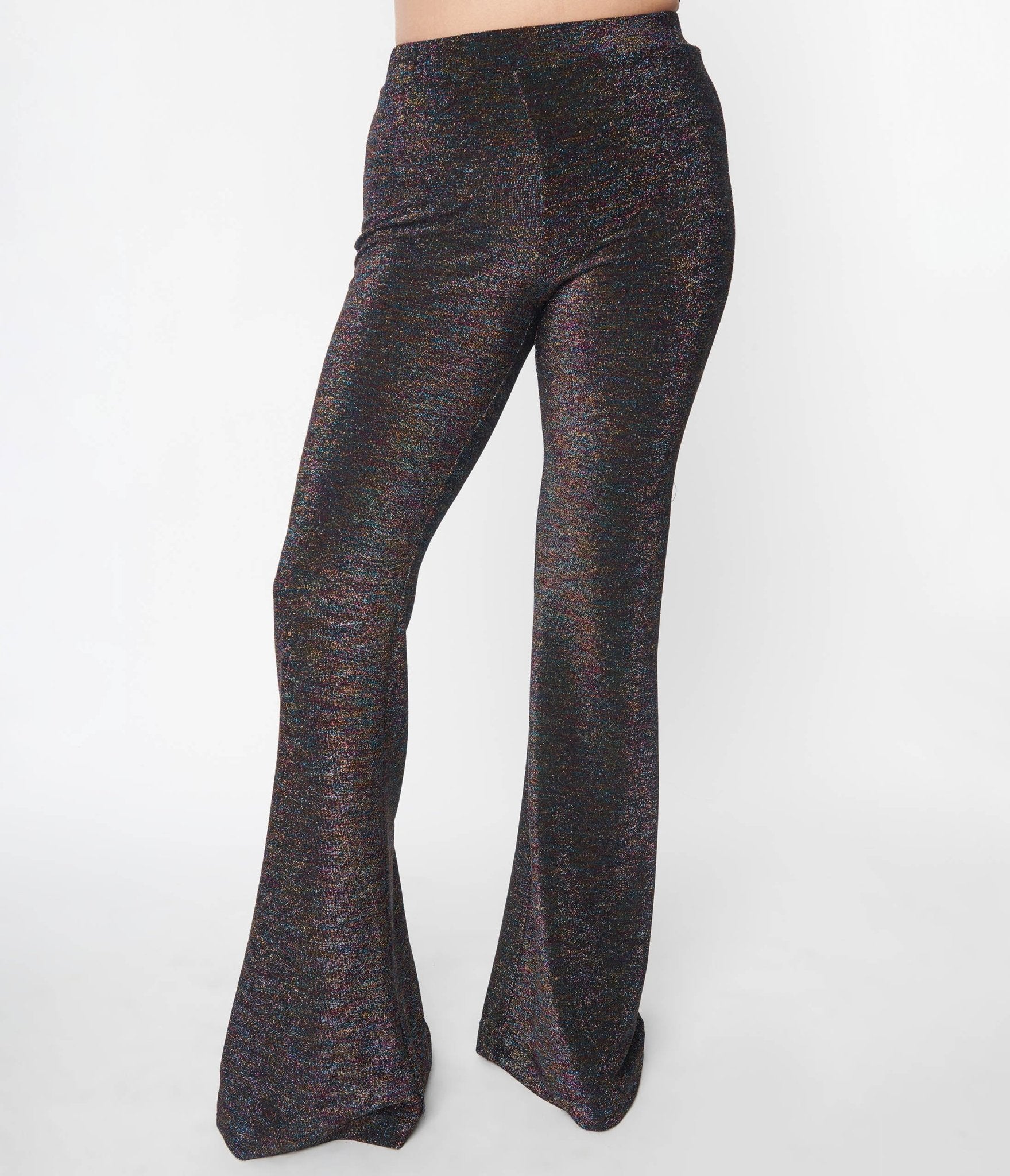 Smak Parlour 1970s Rainbow Lurex Flare Pants - Vintage Disco Party Pants for Women, Retro High Waisted Bell Bottom Jeans, Perfect for 70s Theme Parties & Music Festivals