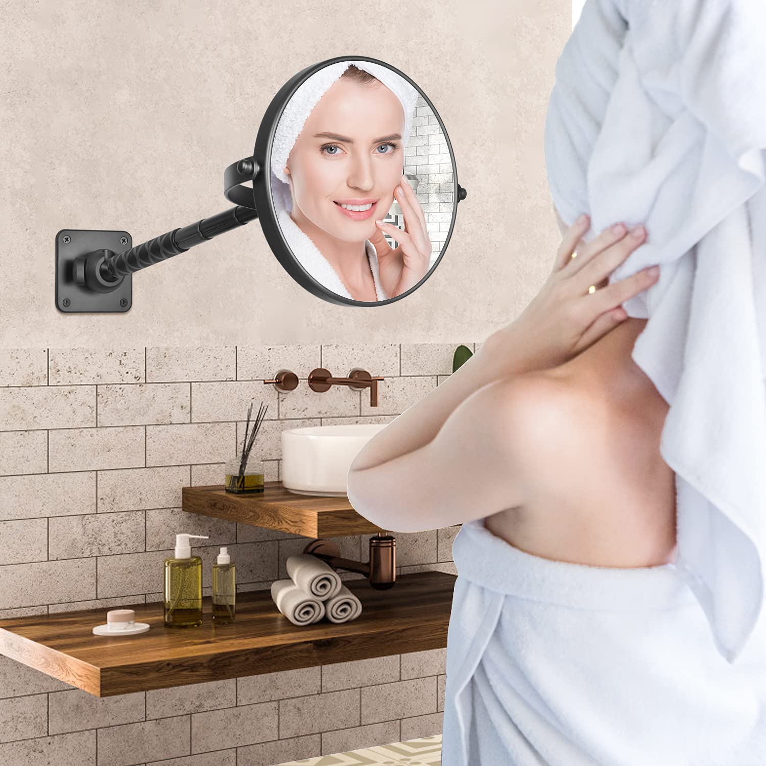 8 Inch Wall Mounted Makeup Mirror - 10X Magnifying Vanity Mirror with Extendable Arm, Double Sided & 360° Rotation - Perfect for Bathroom, Bedroom & Dressing Room Vanity Areas