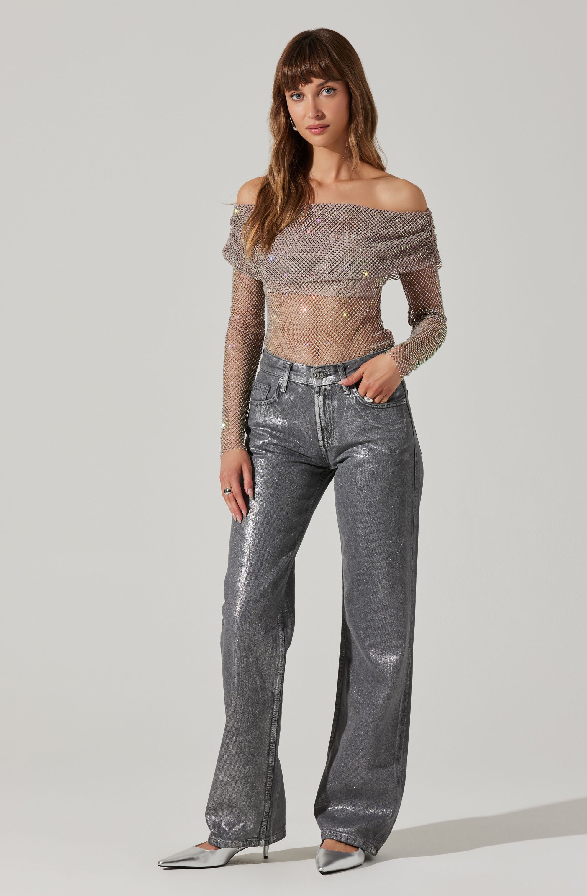 Sparkling Rhinestone Mesh Off Shoulder Top for Women - Elegant Party Blouse for Night Out, Club Wear & Special Occasions