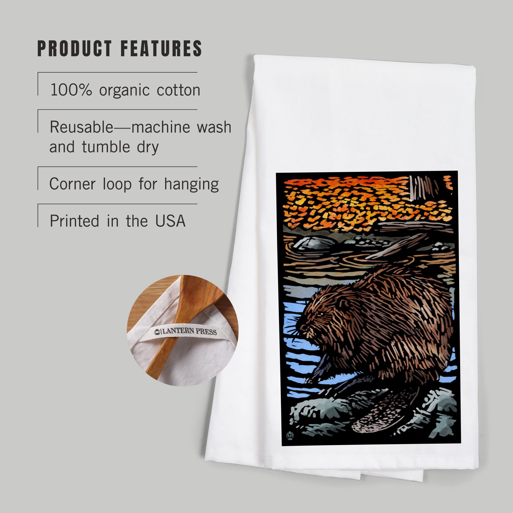 Lantern Press Beaver Scratchboard Tea Towel - 100% Cotton Decorative Hand Towel for Kitchen & Home - Perfect for Dish Drying, Gift Giving & Farmhouse Decor