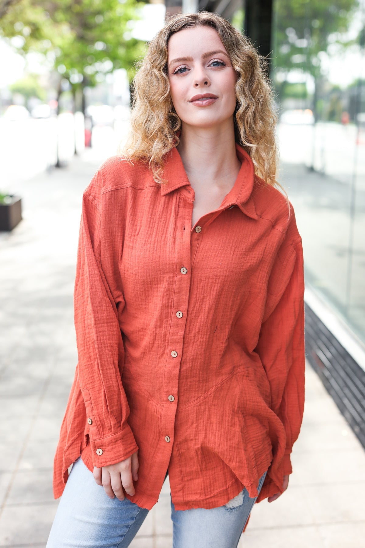 Stylish Rust Button Down Sharkbite Cotton Tunic Top for Women | Comfortable Everyday Wear | Perfect for Office, Casual Outings & Date Nights