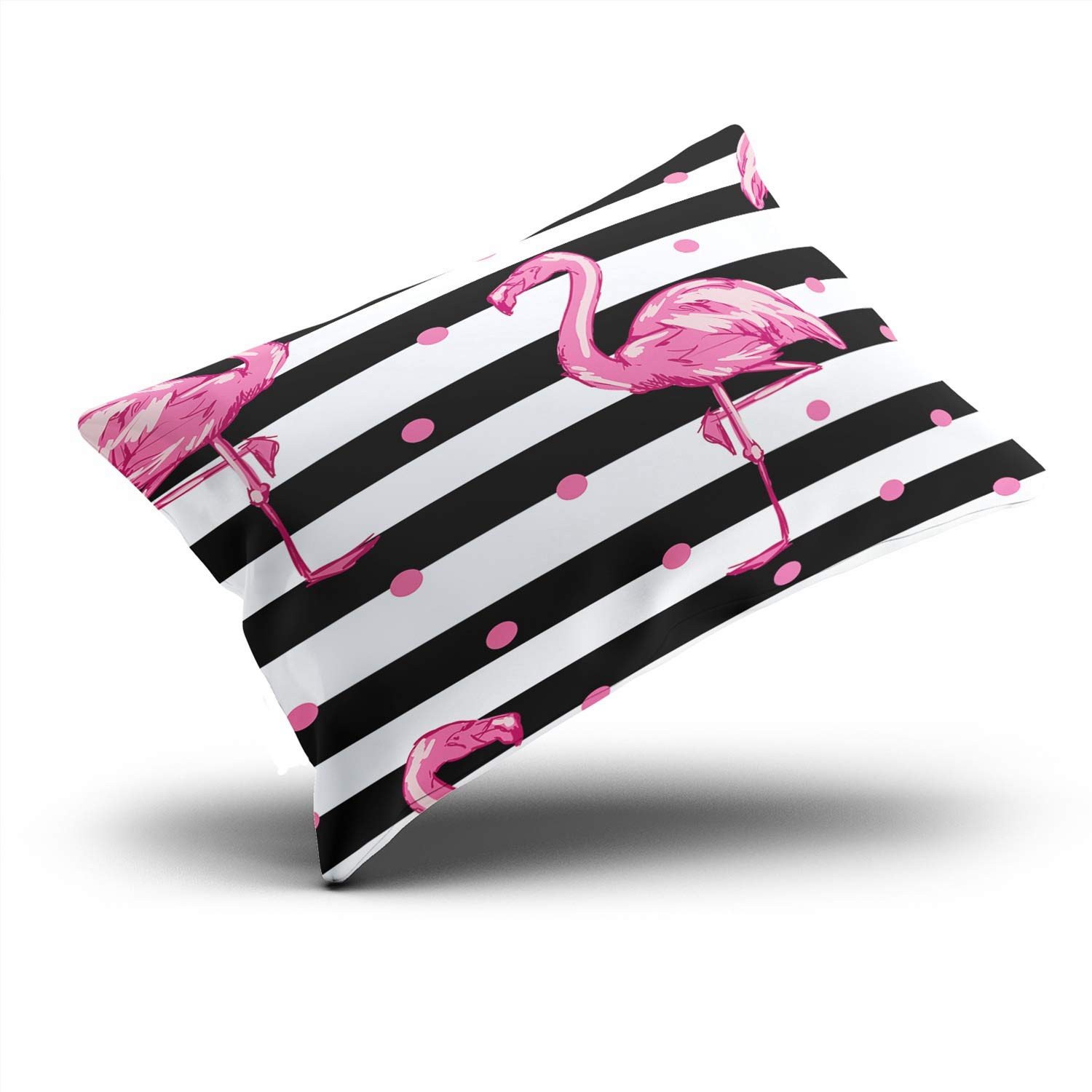 Pink Flamingo on Black & White Stripes Throw Pillow Cover - 12x20 Inches Single-Sided Decorative Lumbar Pillow Case for Sofa, Bed, Couch - Perfect for Living Room, Bedroom & Home Decor (Set of 1)