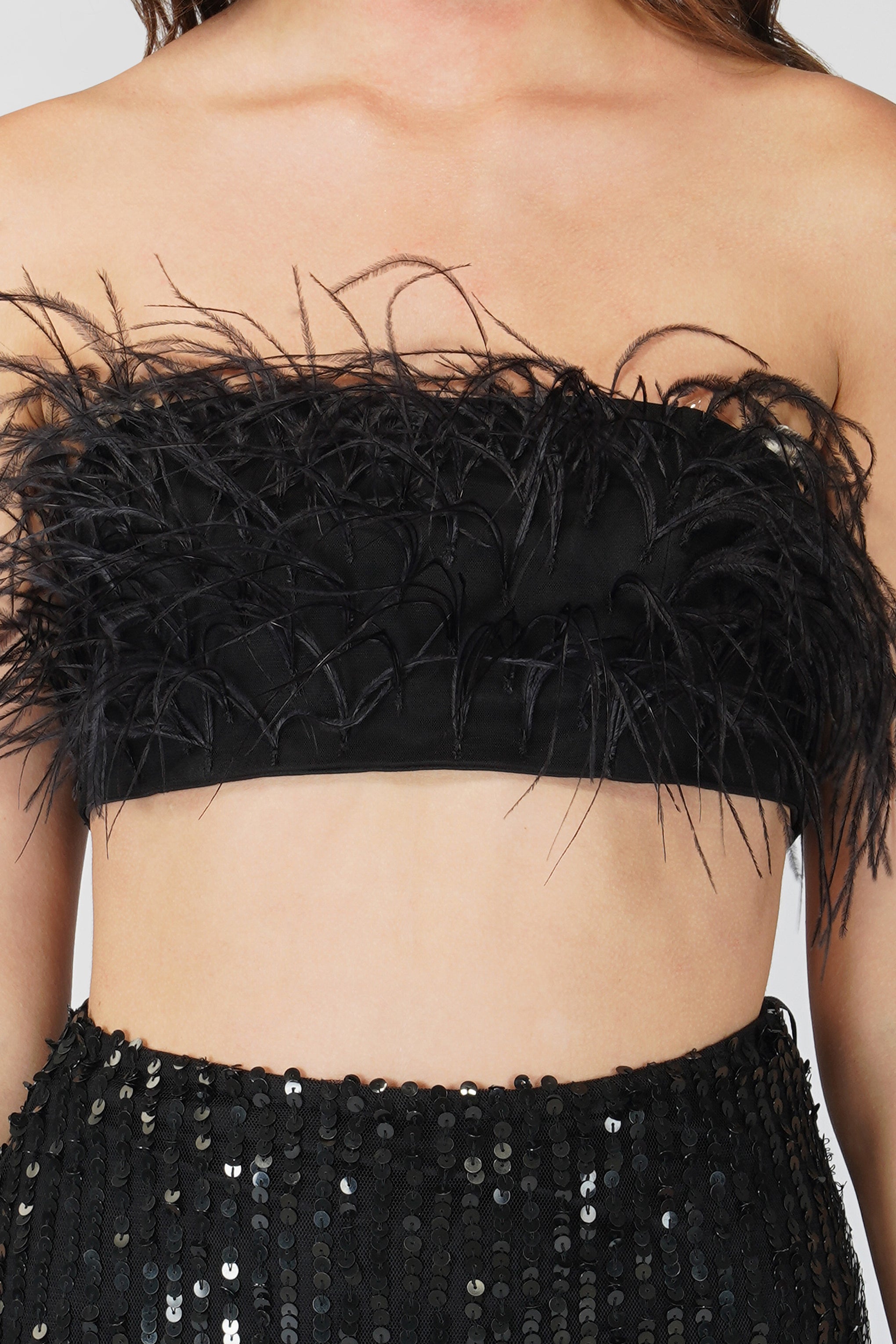 Xara Black Feather Top for Women - Elegant Sequin Embellished Blouse for Party, Evening & Special Occasions
