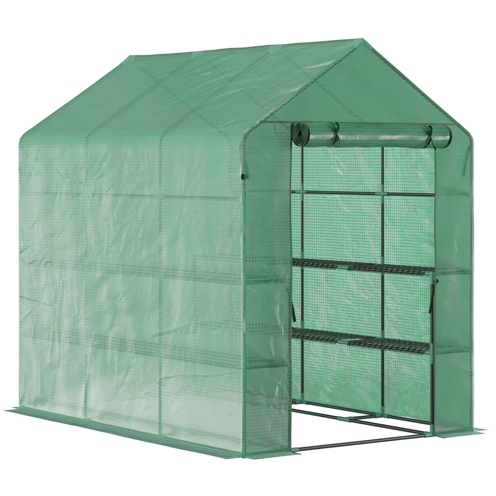 Outsunny 7' x 5' x 6' Walk-in Greenhouse for Outdoor Gardening with Mesh Door, 18 Shelves & Trellis - UV Protected Plant House for Growing Flowers, Herbs, Vegetables & Saplings | Perfect for Backyard, Patio & Small Garden Spaces