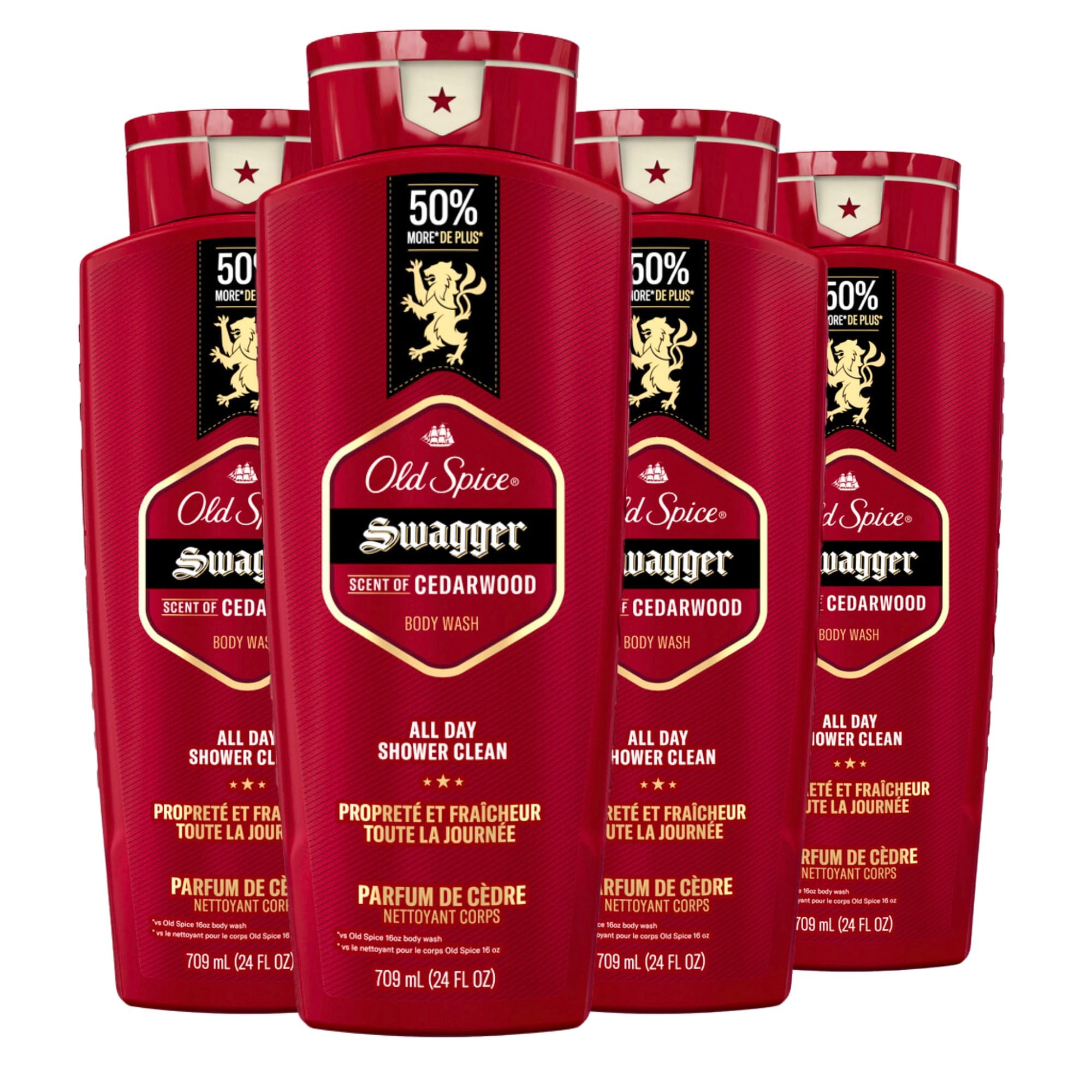 Old Spice Men's Body Wash 24/7 Shower Fresh - Cedarwood Scent, Long Lasting Fragrance, Red Collection, 24 fl oz (Pack of 4) - Perfect for Gym, Travel & Daily Shower Routine