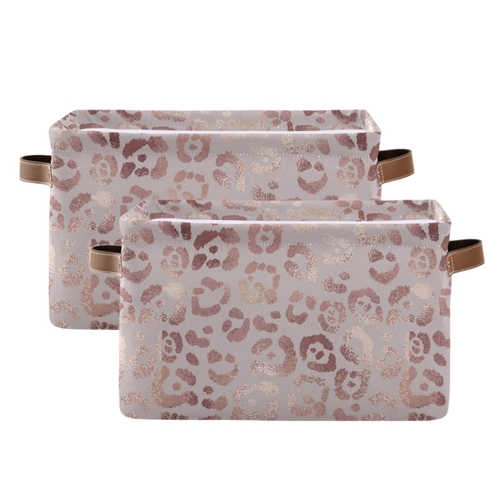 Golden Leopard Print Storage Basket Bin - Large Collapsible Canvas Cube Storage Box Organizer for Home, Office, Closet (2 Pack, 15