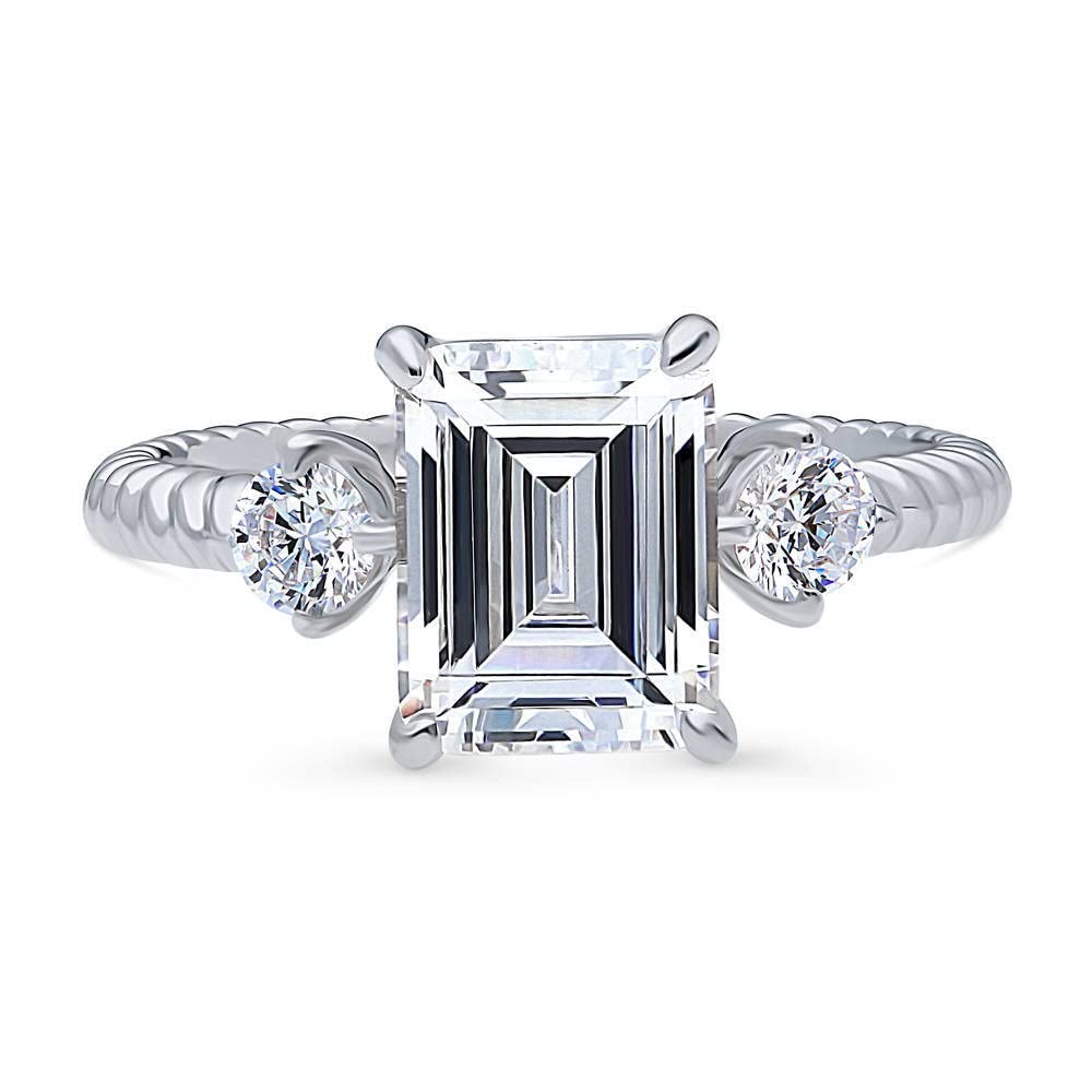 BERRICLE Sterling Silver 3-Stone Wedding & Engagement Ring for Women - 2.6 Carat Emerald Cut Cubic Zirconia CZ Woven Band, Rhodium Plated, Size 4-10 | Elegant Gift for Anniversary, Proposal & Special Occasions