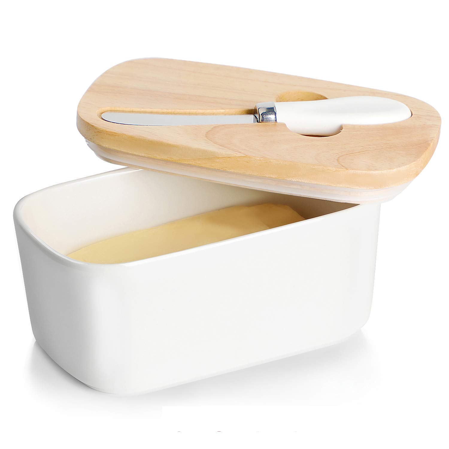 Large Ceramic Butter Dish with Silicone Seal - Natural Wood Lid & Stainless Steel Butter Knife - Countertop Butter Keeper for Fresh Storage - Elegant White Kitchen Decor & Housewarming Gift for Bakers & Home Chefs