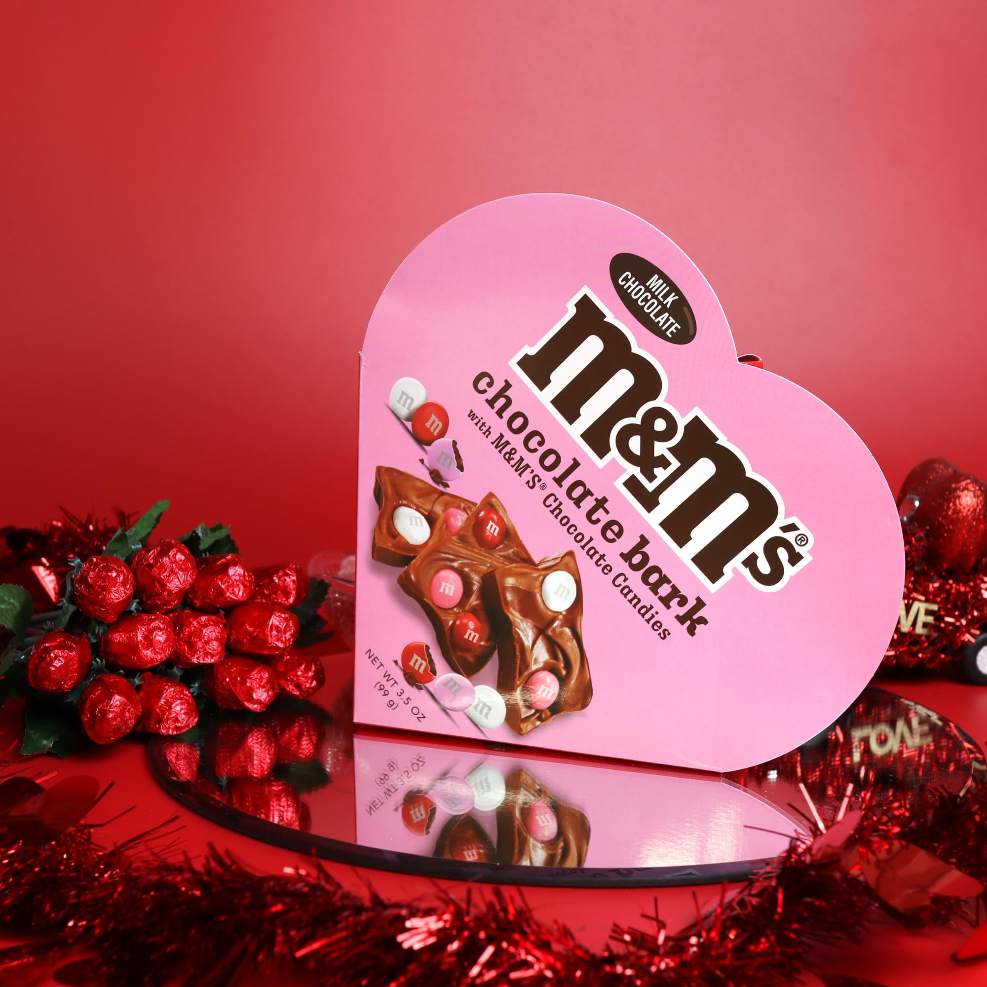 Valentine's Day Milk Chocolate Candy Bark with M&M's in Heart Box - 3.5oz Crunchy Chocolate Gift for Her/Him, Couples, Wife, Husband - Perfect for Romantic Gifts, Anniversary, Birthday & Special Occasions