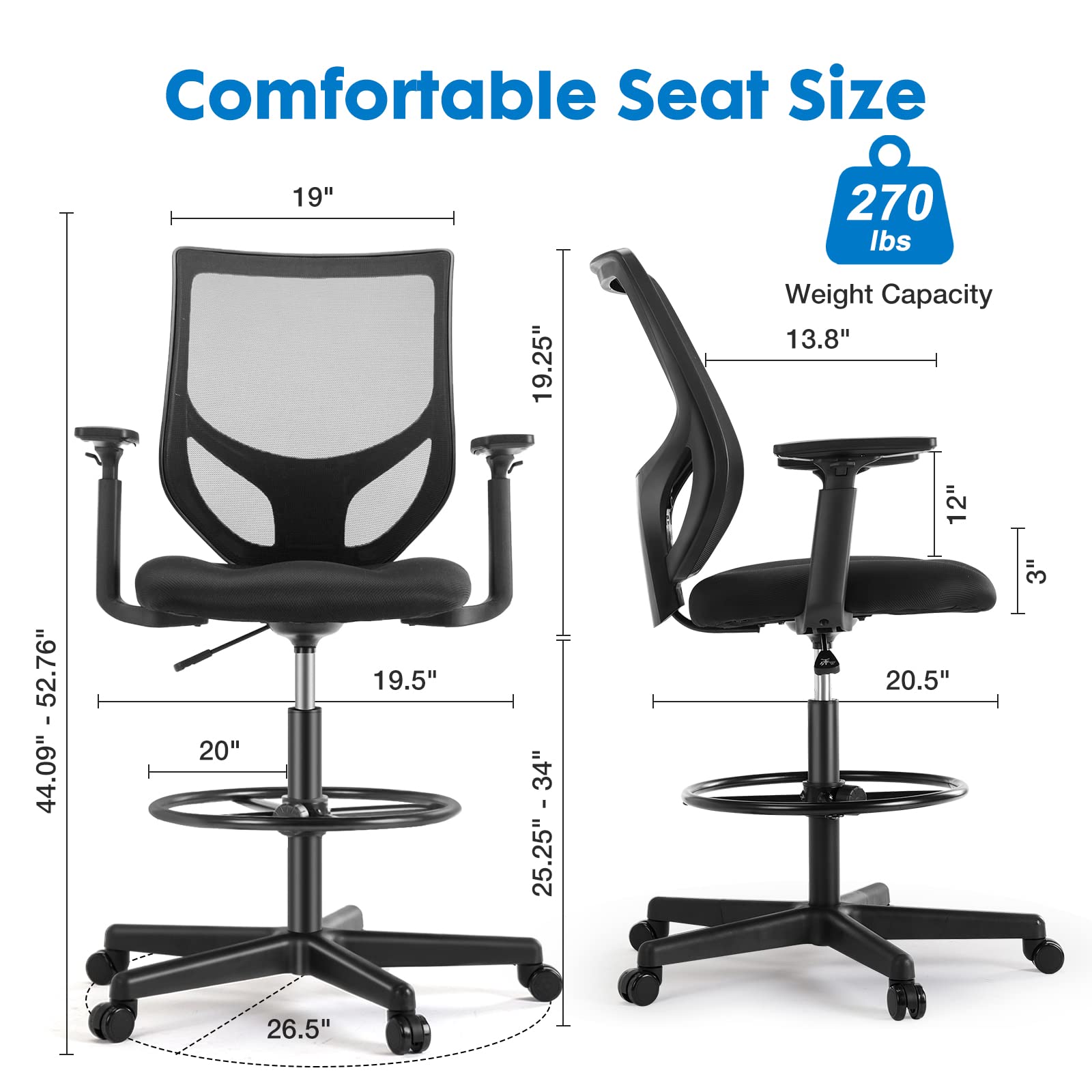 Ergonomic Drafting Chair - Adjustable Height Standing Office Desk Chair with Lumbar Support & Breathable Mesh Seat, Foot Ring - Perfect for Architects, Designers & Long Work Hours at Home or Office