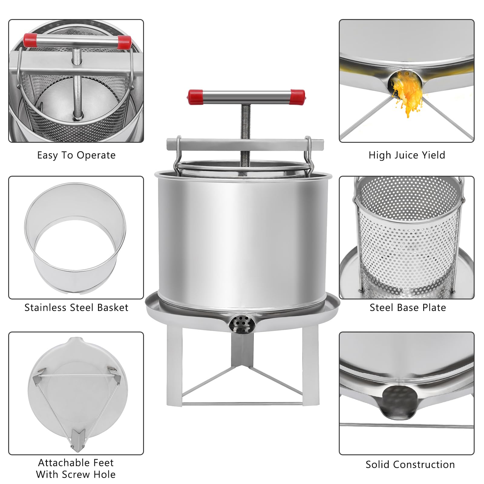 12.6L/3.32Gal Stainless Steel Fruit Wine Press - Manual Apple Cider Press for Juice Making, Perfect for Apples, Grapes, Berries, Vegetables, Honey & Olive Oil - Ideal for Home Brewing, Winemaking & DIY Kitchen Projects