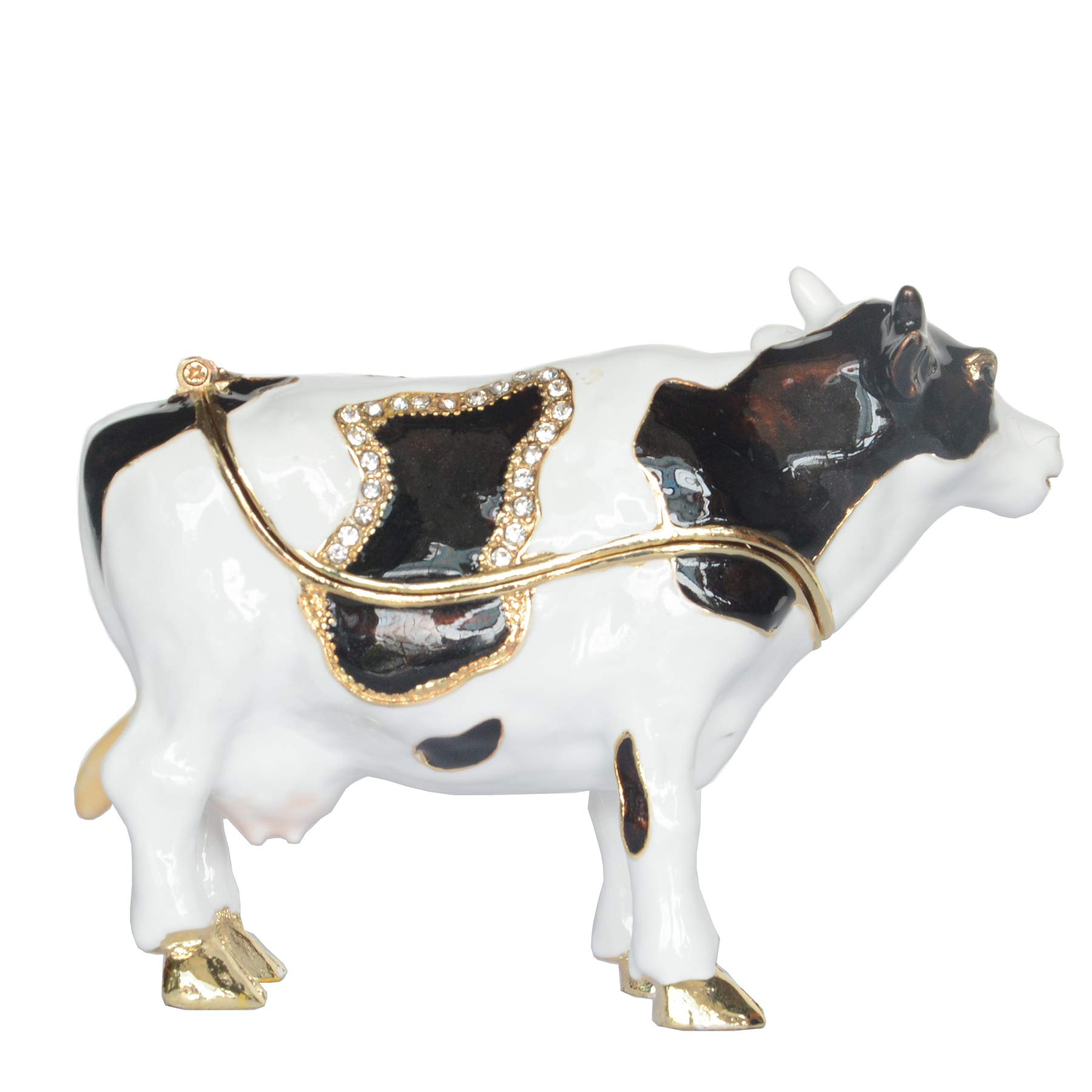 Bejeweled Black and White Cow Trinket Box - Elegant Metal Jewelry Storage Box with Mini Ring Holder - Perfect Gift for Women, Mothers, Bridesmaids - Great for Home Decor, Dresser Organizer, and Jewelry Display