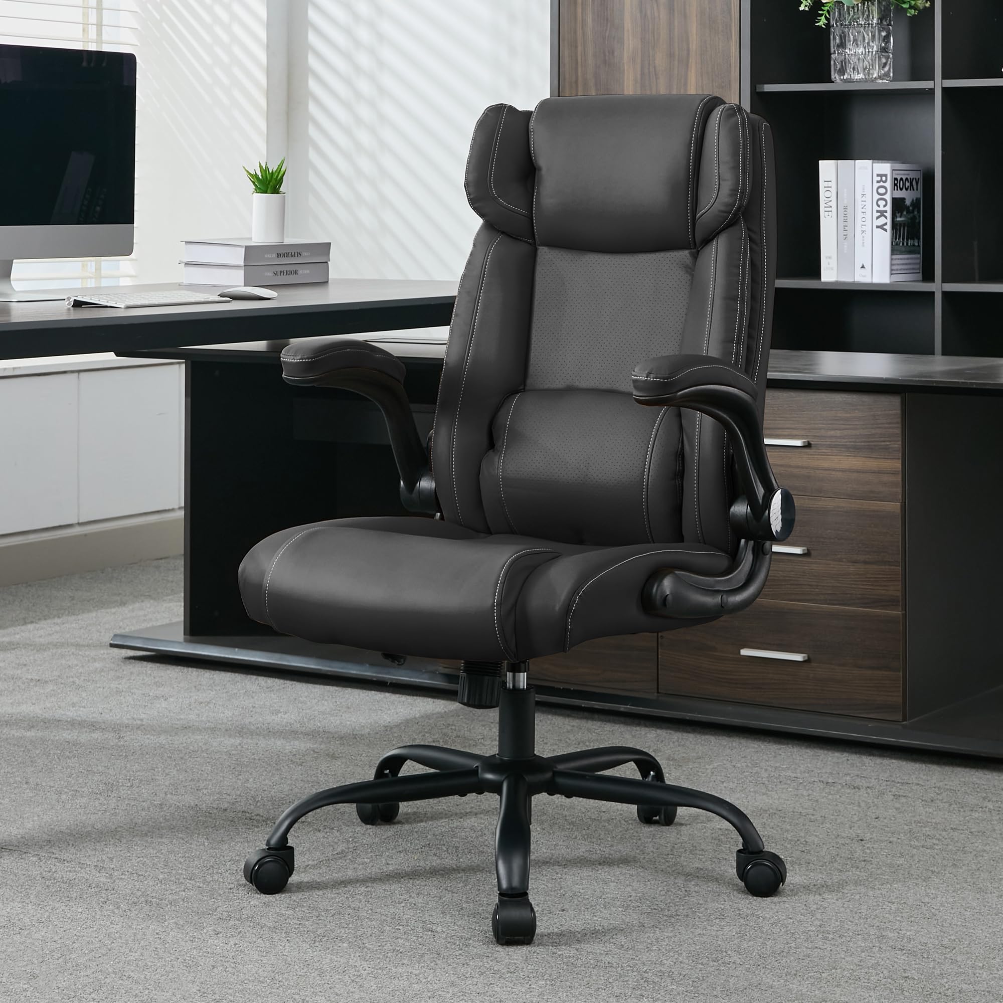 Ergonomic Mid Back Executive Leather Office Chair - Adjustable Flip-Up Arms & Rocking Function - Comfortable Computer Desk Chair for Home & Office Workspace (Black) - Perfect for Long Hours of Work, Gaming, and Video Conferencing
