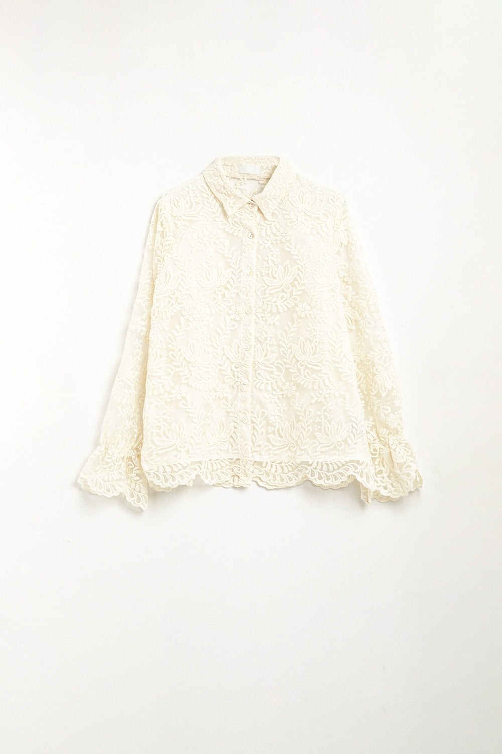Elegant Beige Lace Romantic Blouse with Puff Sleeves - Perfect for Date Nights & Special Occasions