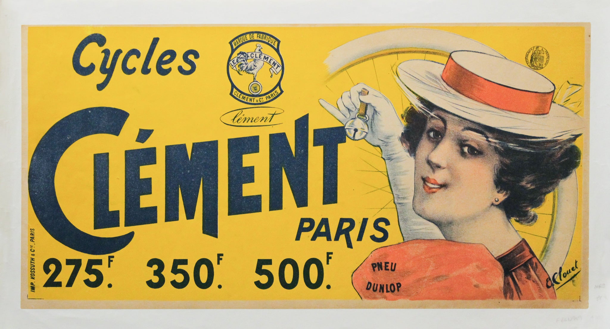 Original 1890 Vintage French Cycles Clement Tires Advertisement Poster - Paris Cycling Memorabilia, Retro Bicycle Decor for Home & Office Wall Art