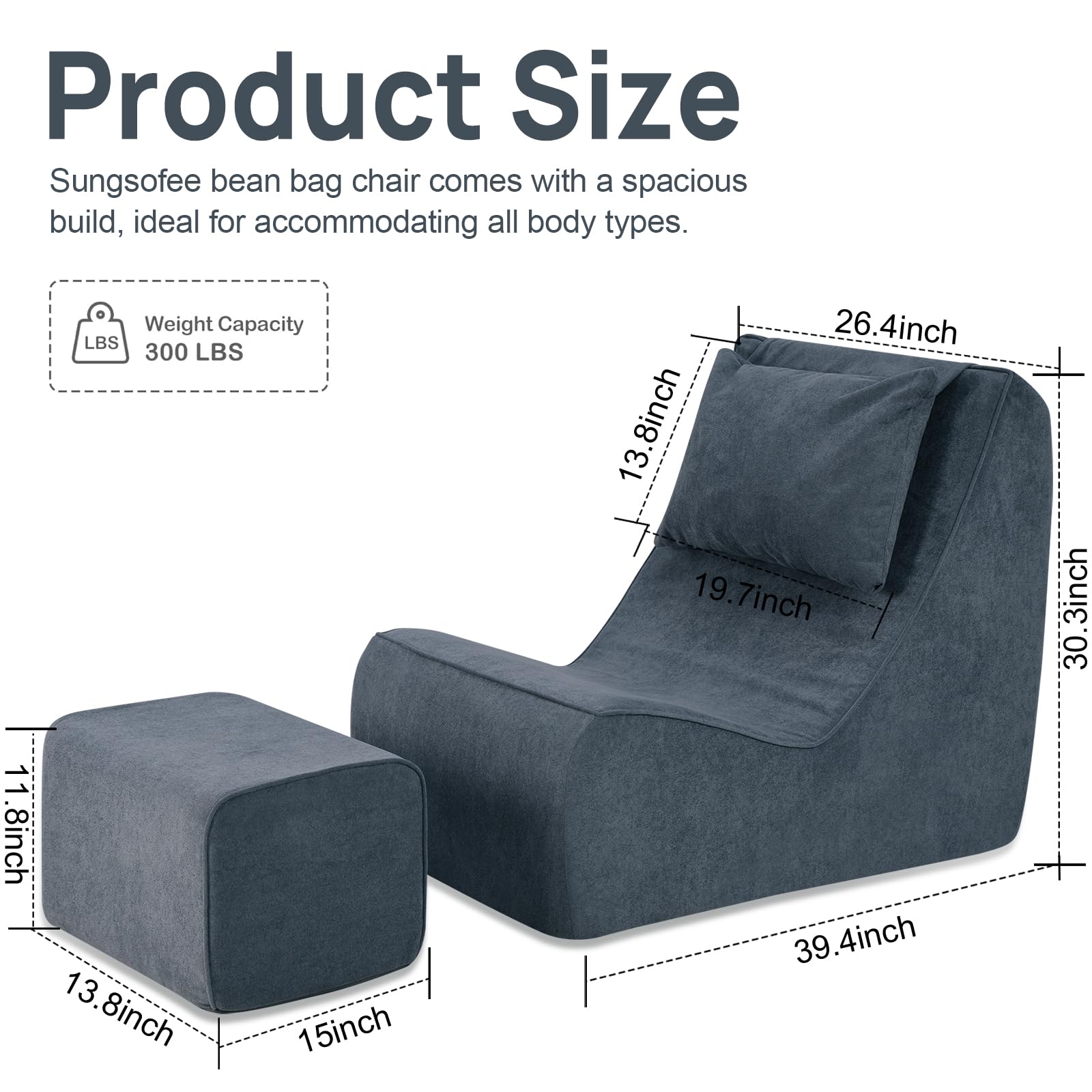 Giant Bean Bag Chair for Adults - Oversized Memory Foam Chaise Lounge with Neck Pillow & Ottoman, Comfy Floor Seating for Living Room, Bedroom, Gaming & Movie Nights (Slate Gray) | Perfect for Relaxing, Reading and Napping