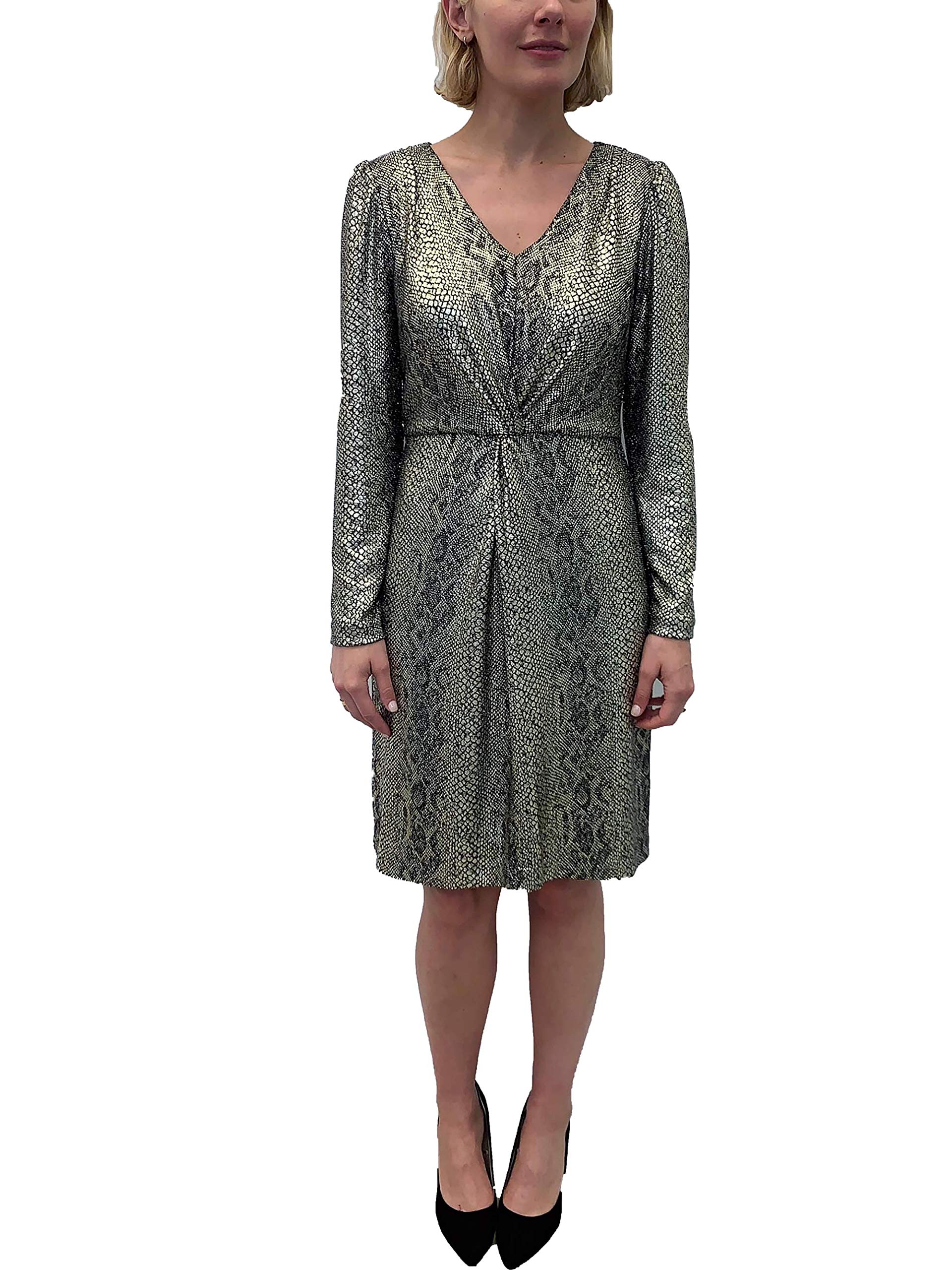 Julia Jordan Women's Long Sleeve V-Neck Knit Cocktail Dress with Front Knot & Gold Foil Detail - Elegant Party Dress for Holiday Gatherings, Date Nights & Special Occasions (Black/Gold, Size 4)