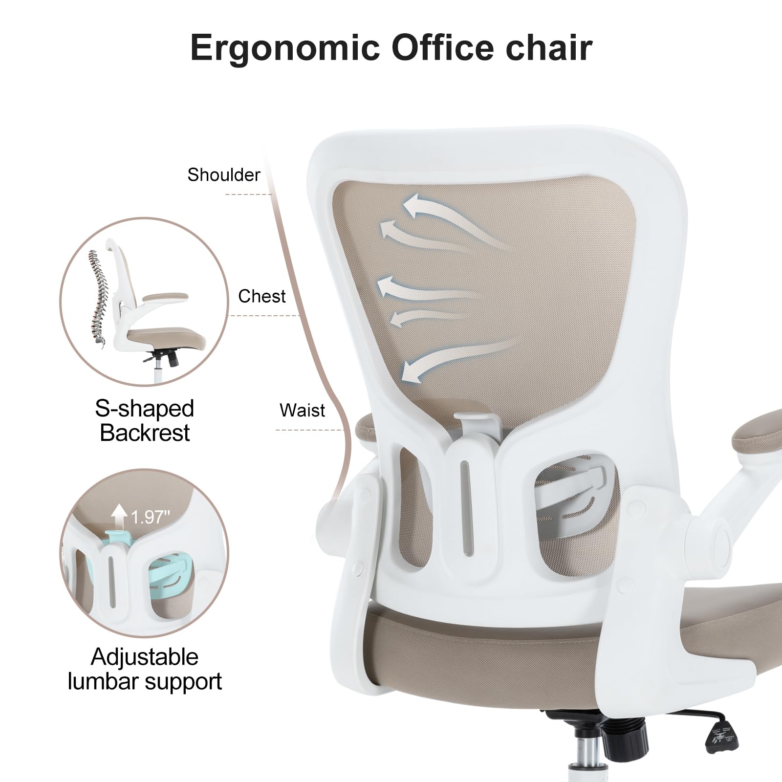 Ergonomic Office Chair with Flip-Up Armrests & Lumbar Support - PU Leather Computer Desk Chair with Thickened Cushion - Swivel Mesh Task Chair for Home Office (Khaki) - Perfect for Long Work Hours & Remote Work Setup