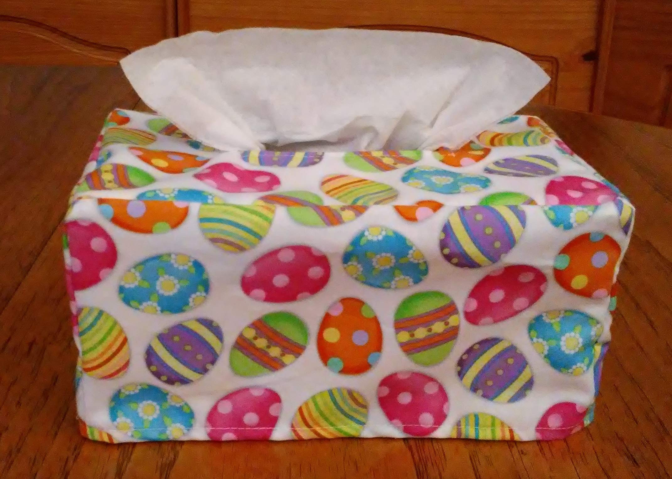Easter Eggs Design White Fabric Tissue Box Cover - Handmade Rectangle Decorative Tissue Holder for Home, Office, Bathroom & Easter Decorations