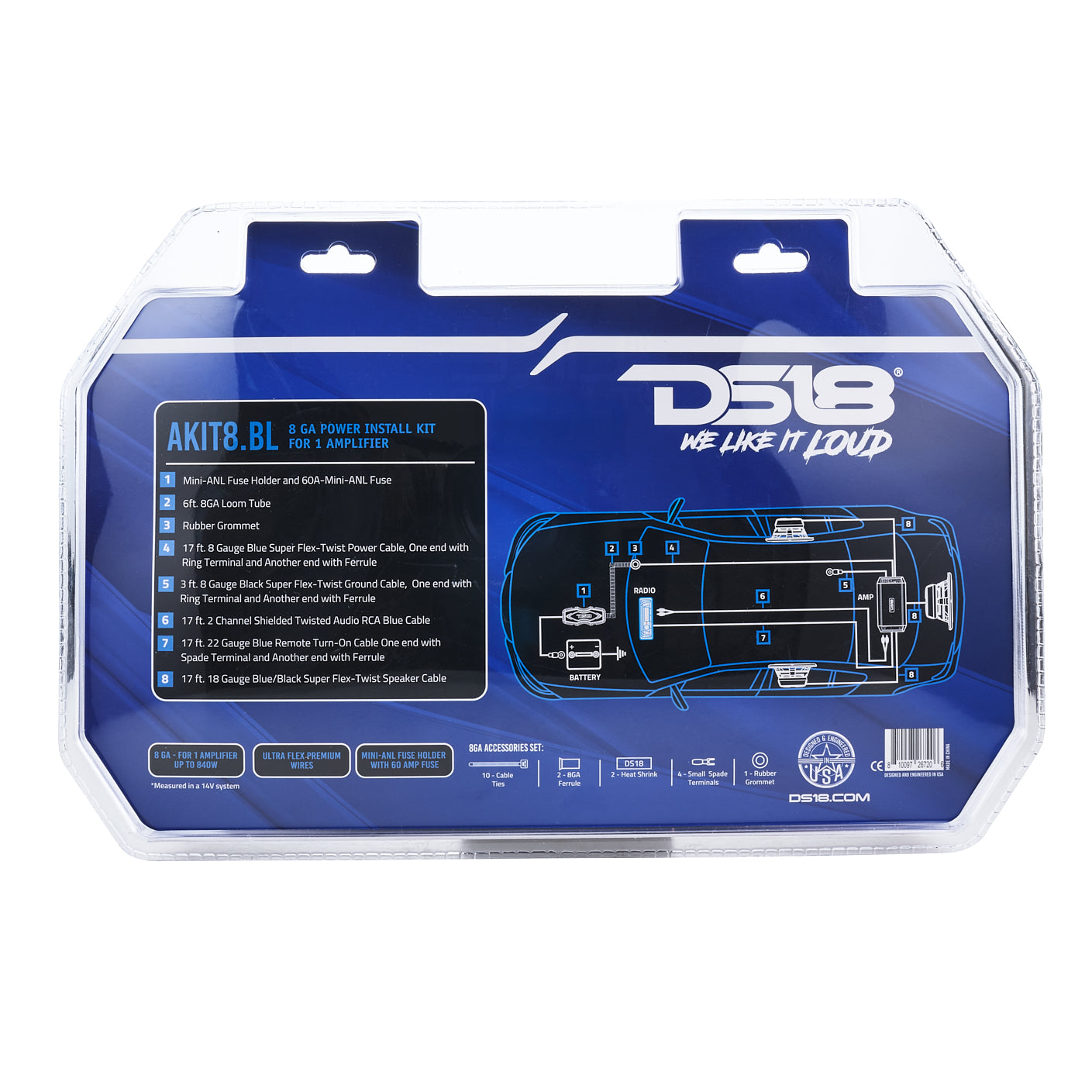 8 Gauge Amplifier Wiring Kit - High Power Car Audio Installation with Blue Cables for Enhanced Sound System Performance | Perfect for Car, Truck, and SUV Stereo Upgrades